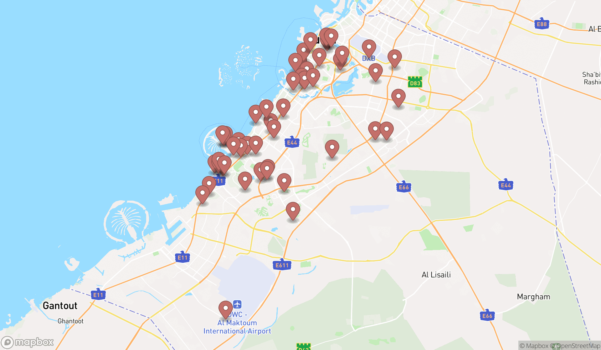 Map showing the search results in Dubai