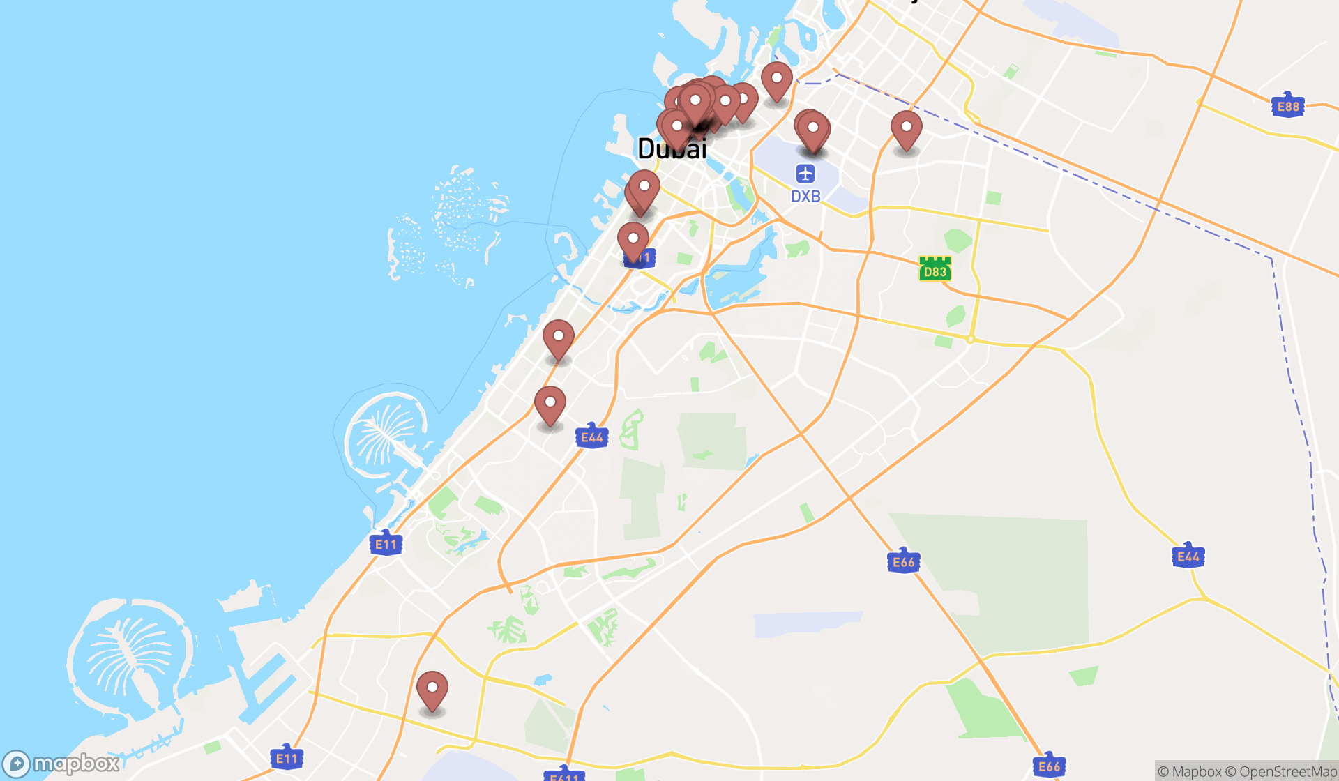 Map showing the search results in Dubai