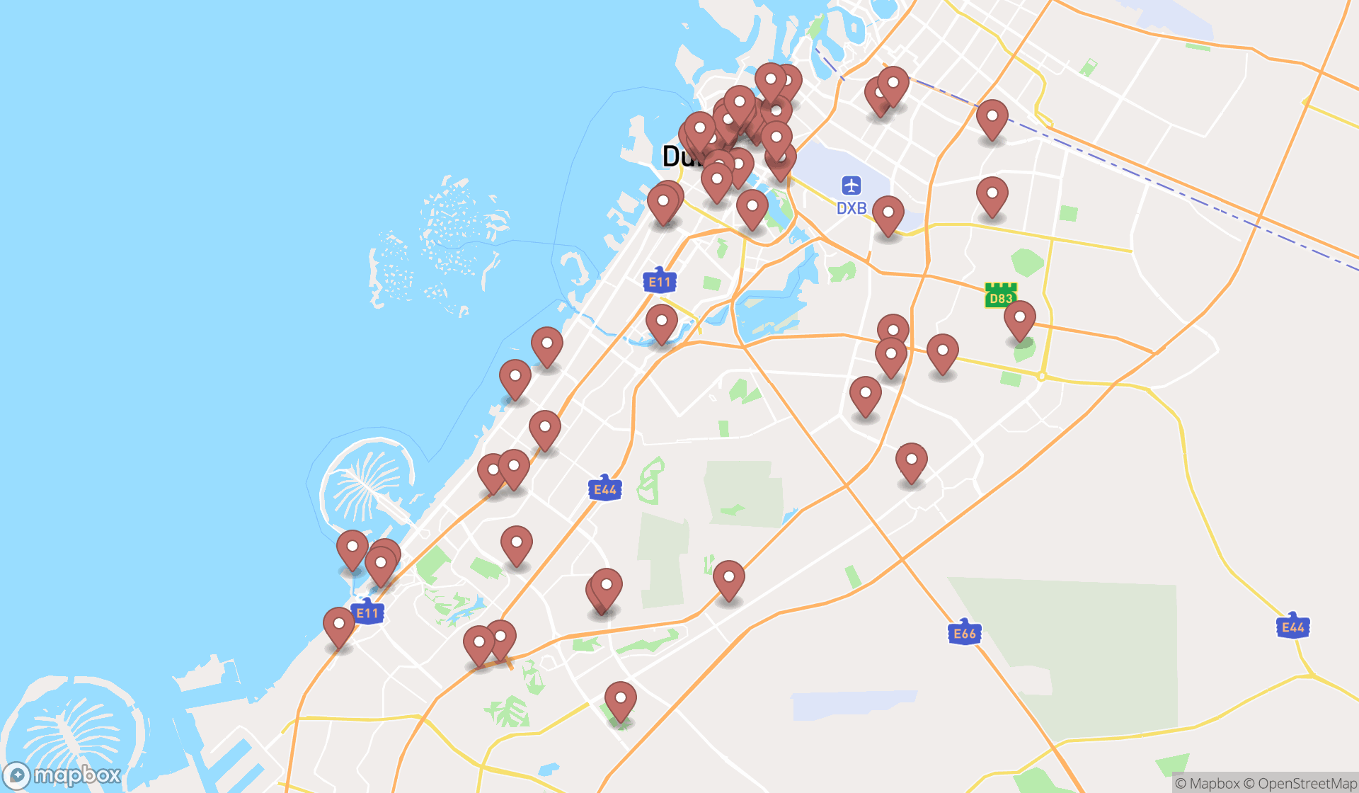 Map showing the search results in Dubai