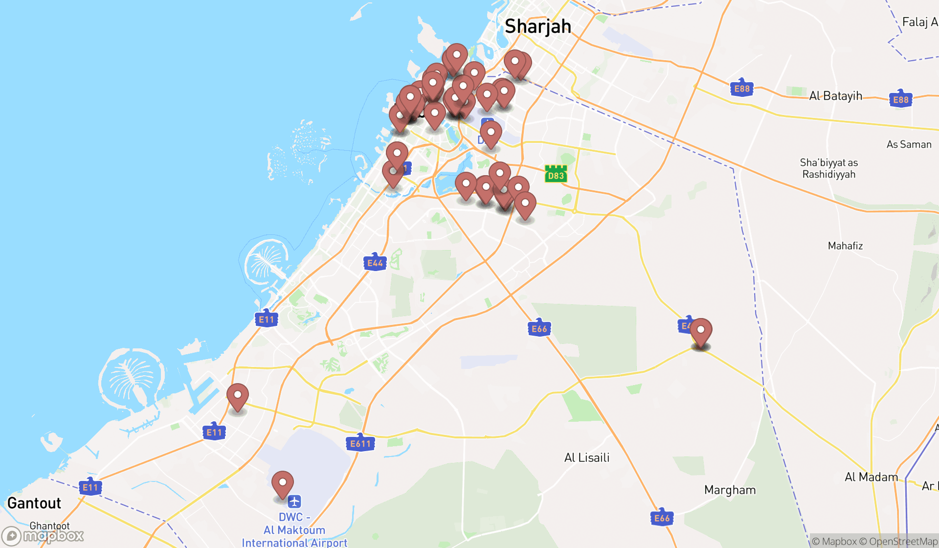 Map showing the search results in Dubai