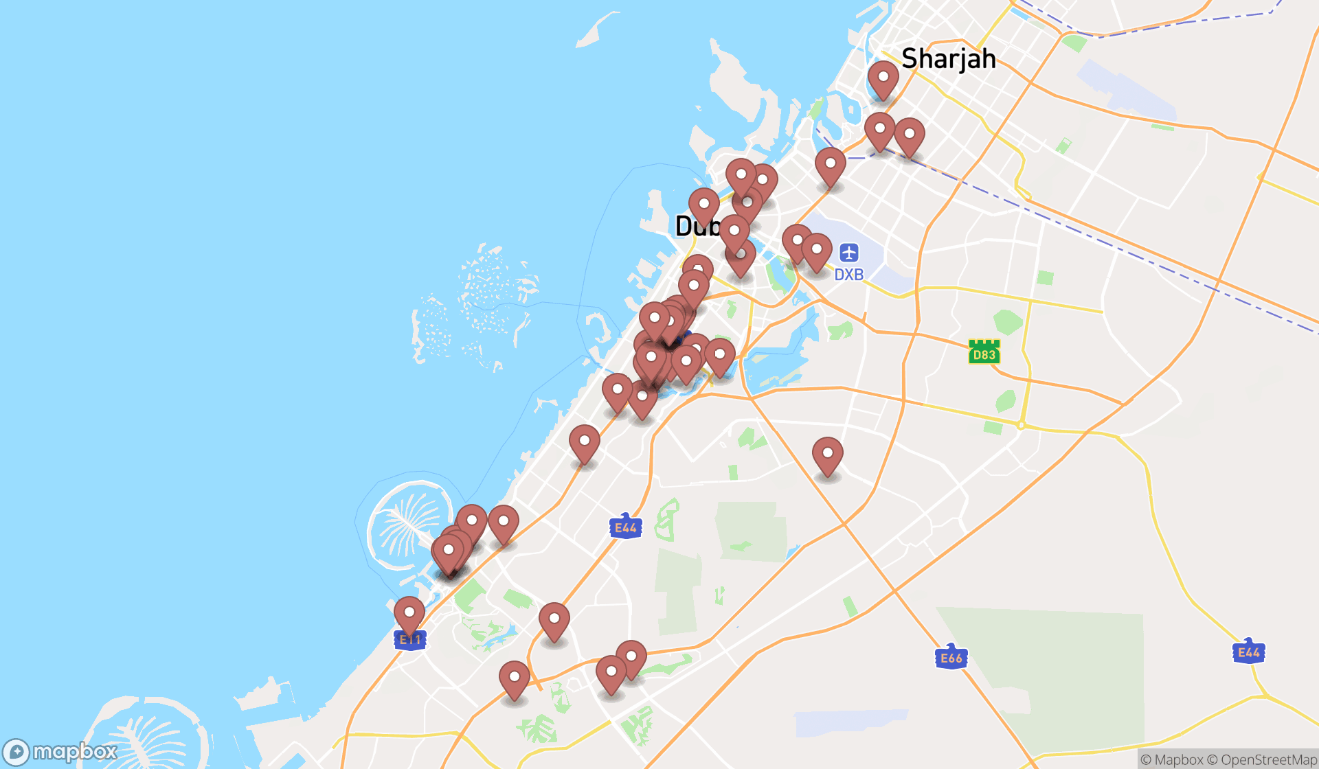 Map showing the search results in Dubai