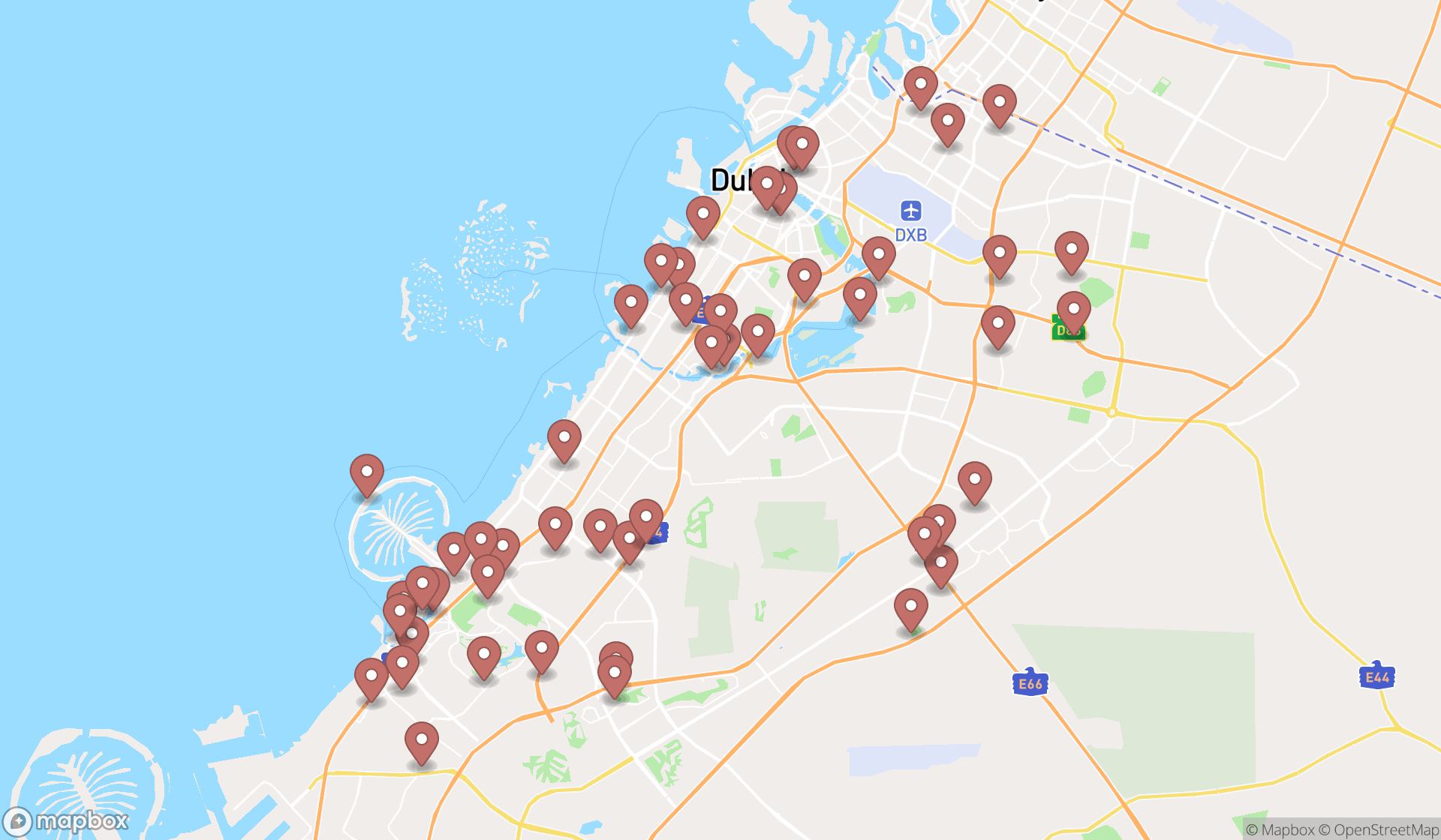 Map showing the search results in Dubai