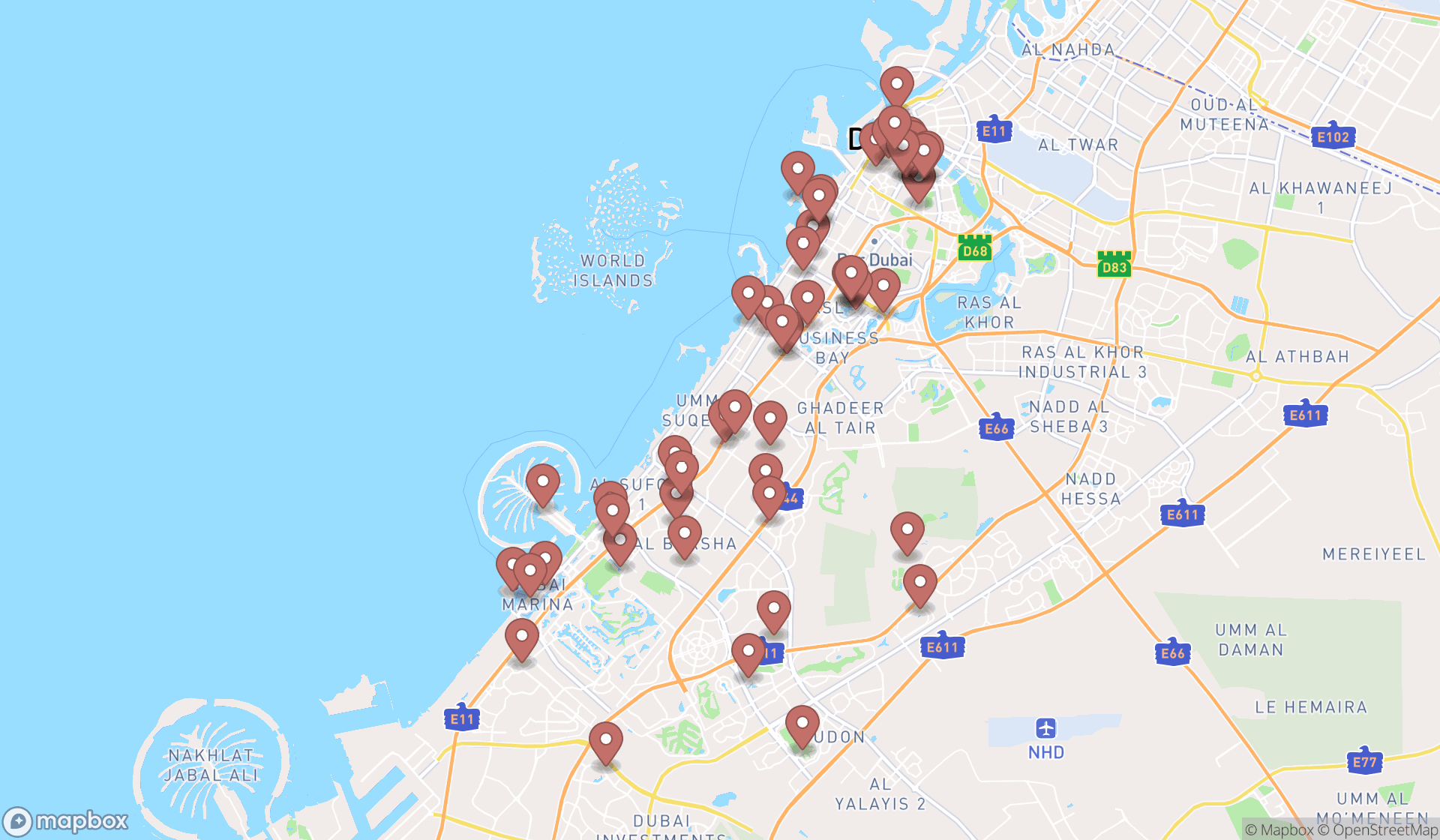 Map showing the search results in Dubai