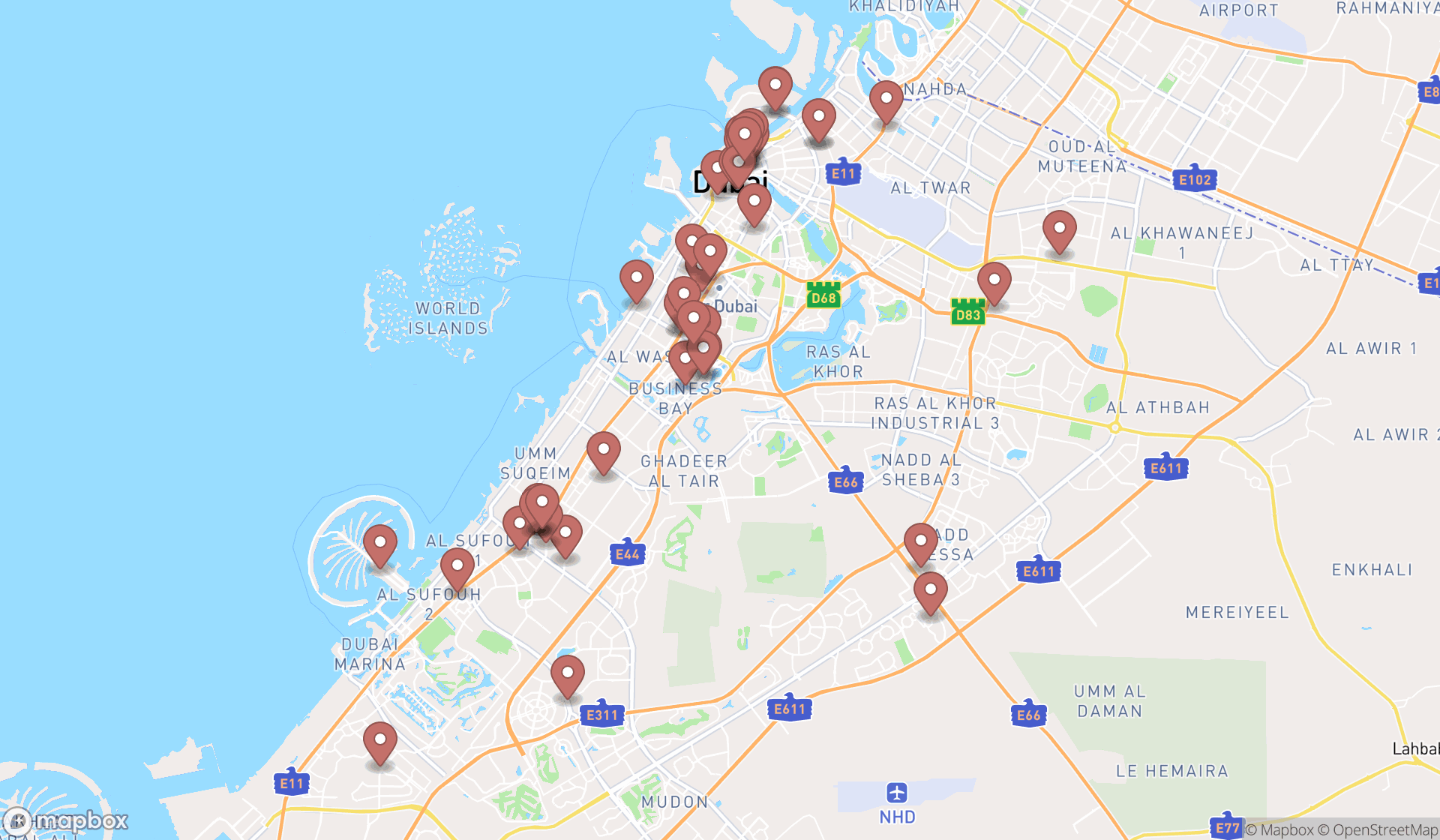 Map showing the search results in Dubai