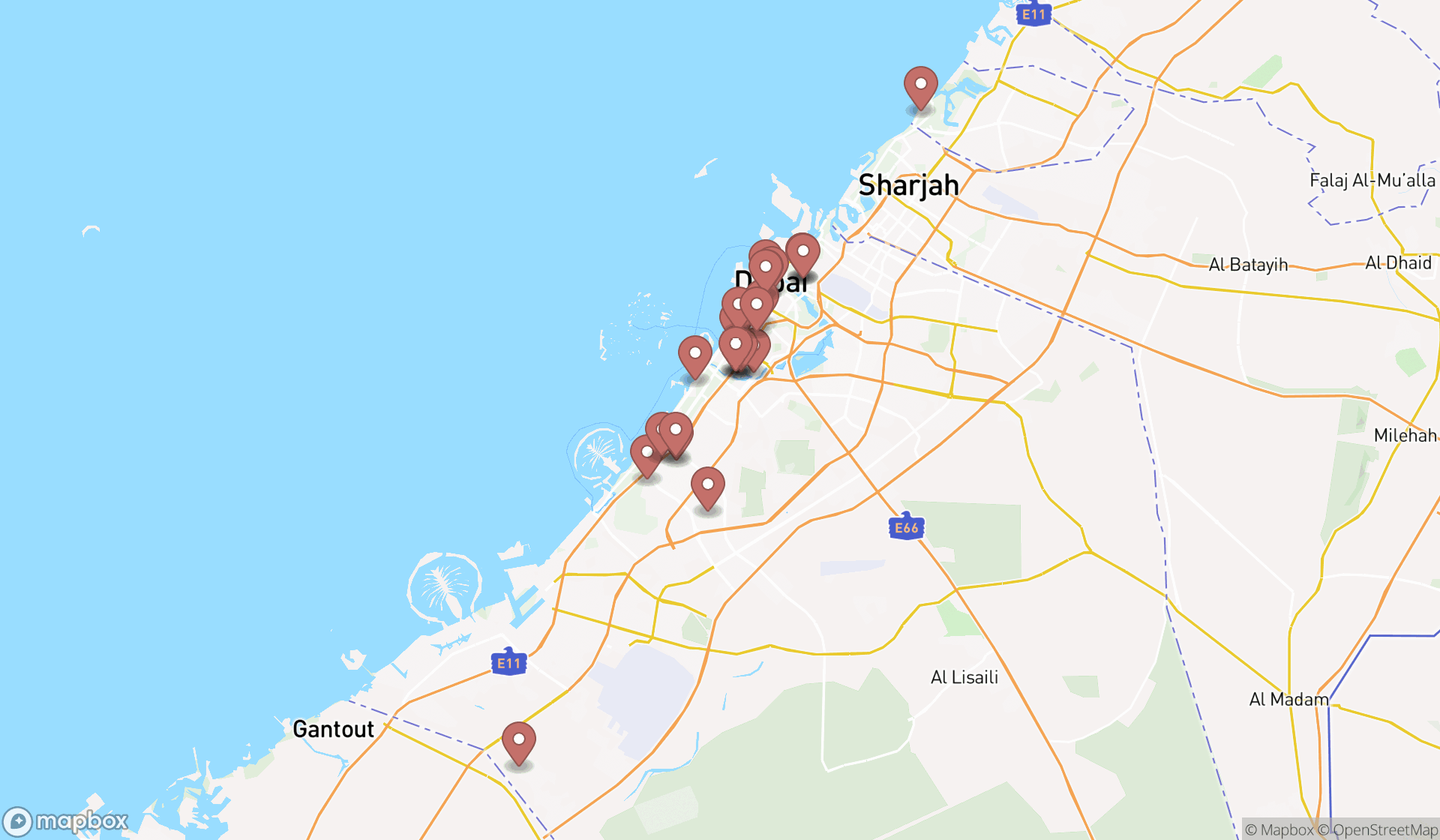Map showing the search results in Dubai