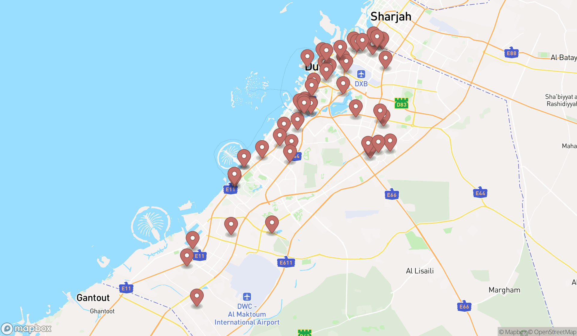 Map showing the search results in Dubai