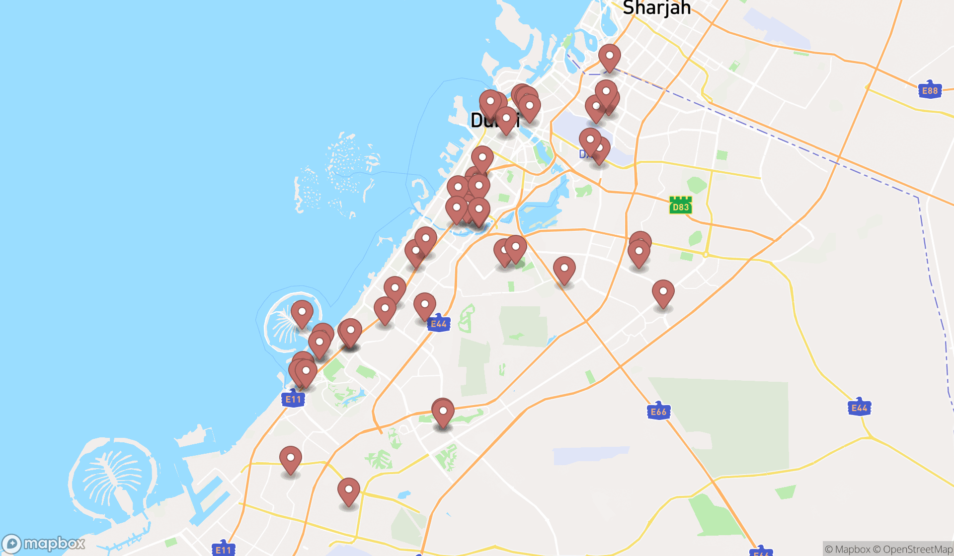 Map showing the search results in Dubai