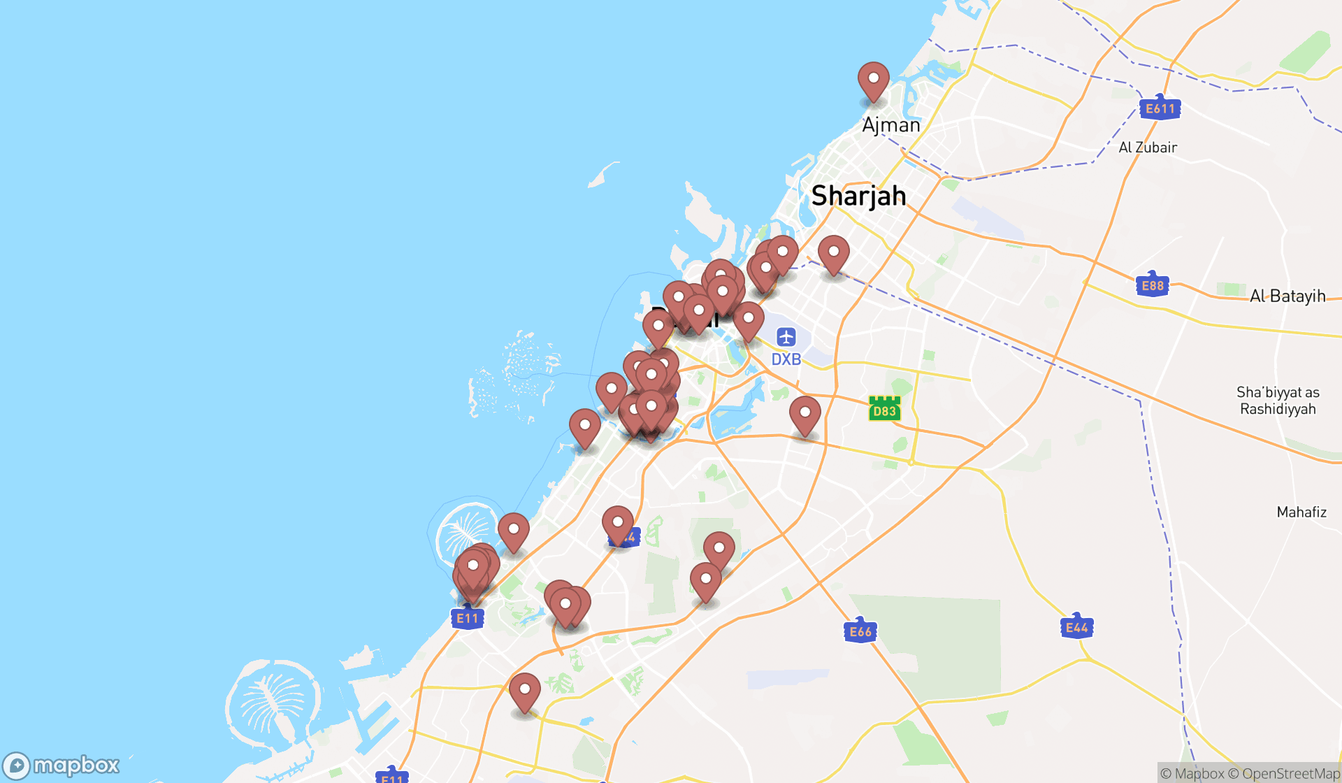Map showing the search results in Dubai