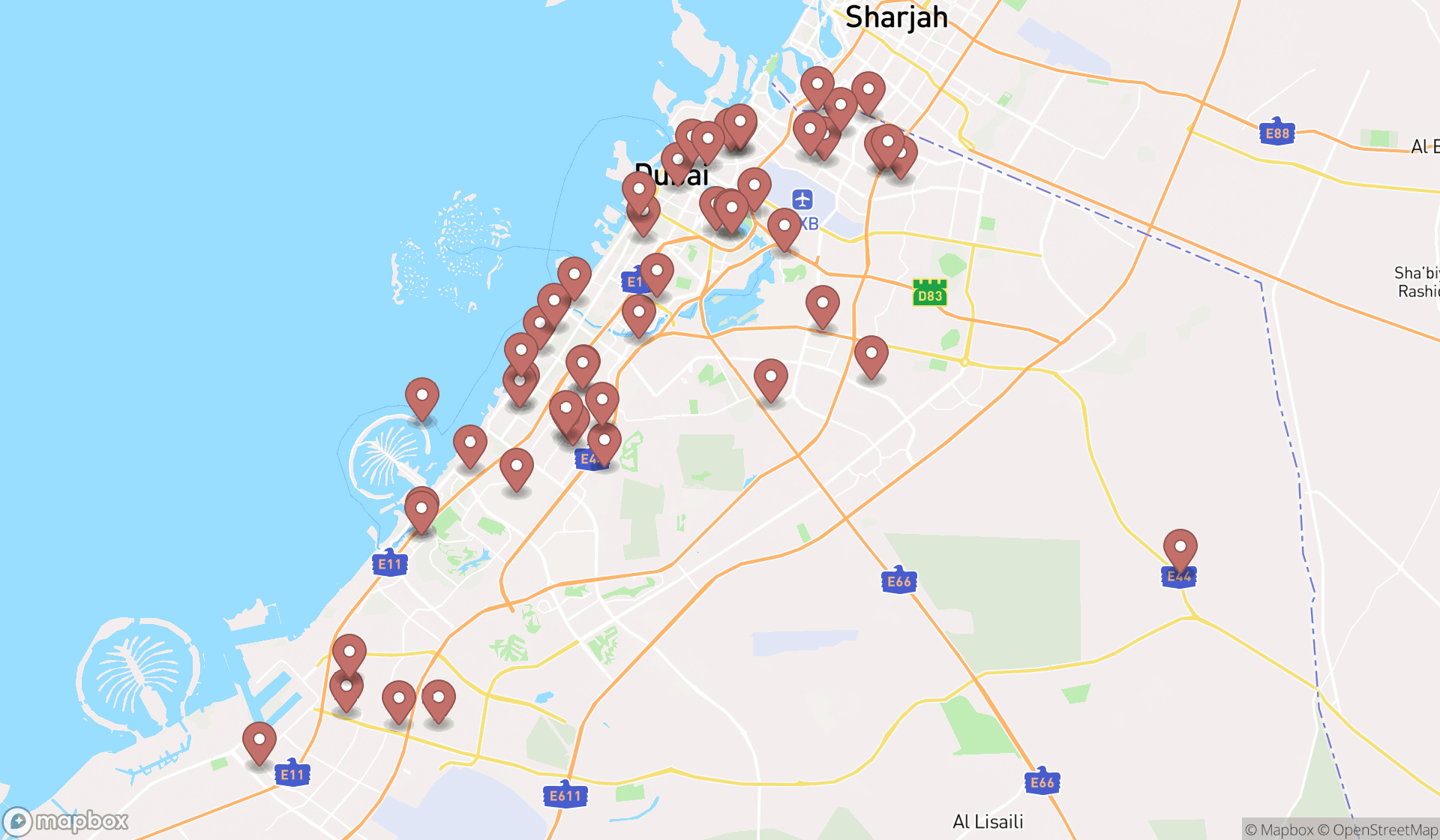 Map showing the search results in Dubai