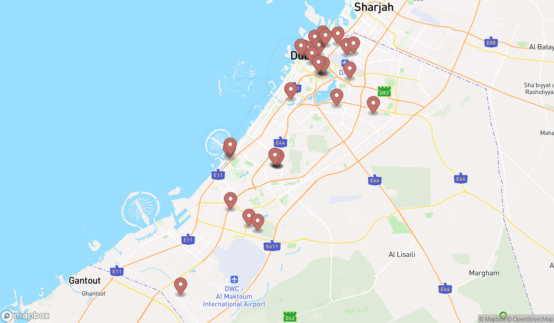 Map showing the search results in Dubai