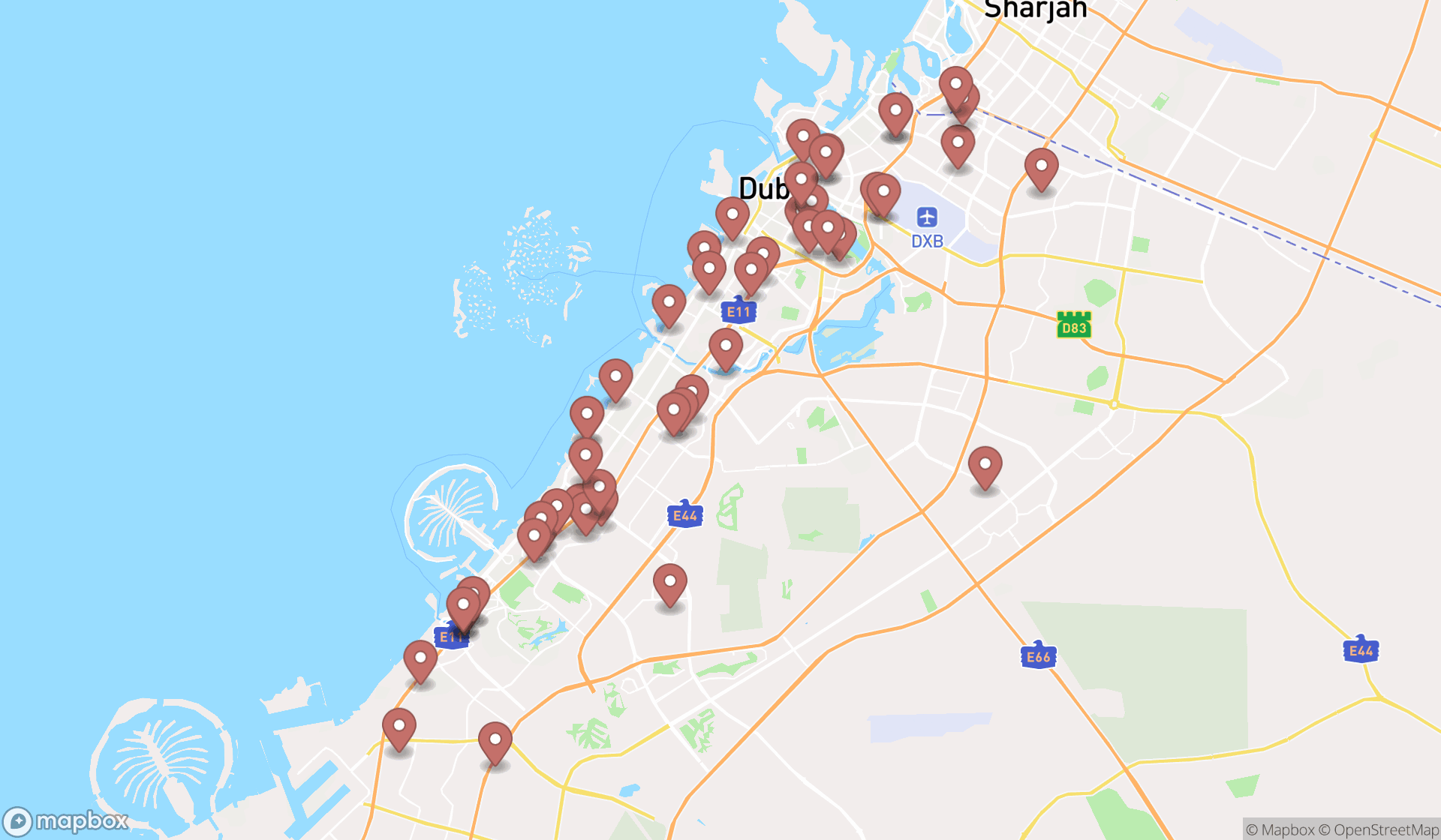 Map showing the search results in Dubai