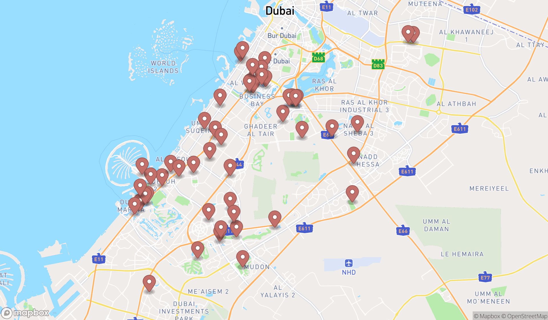 Map showing the search results in Dubai