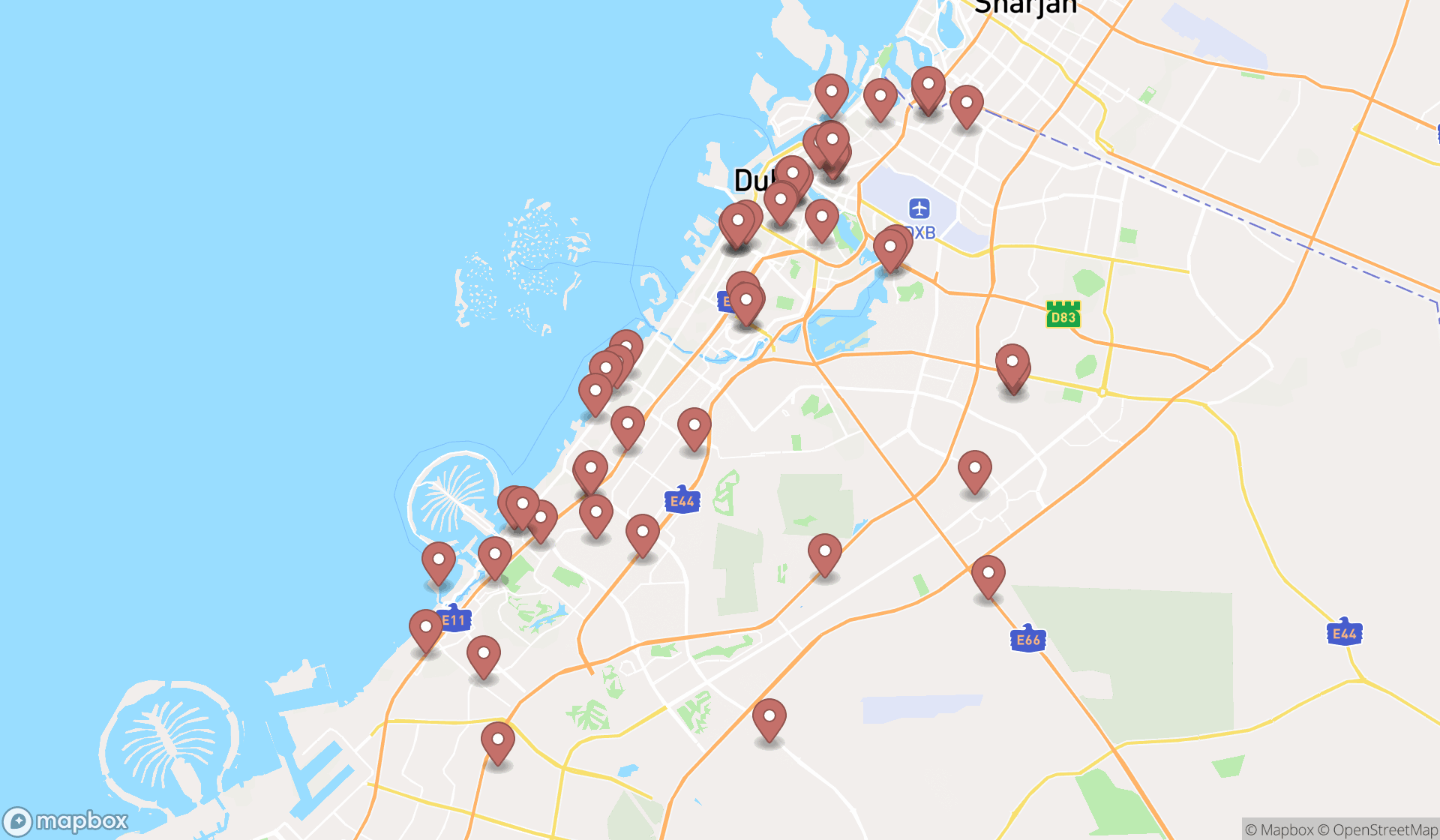 Map showing the search results in Dubai