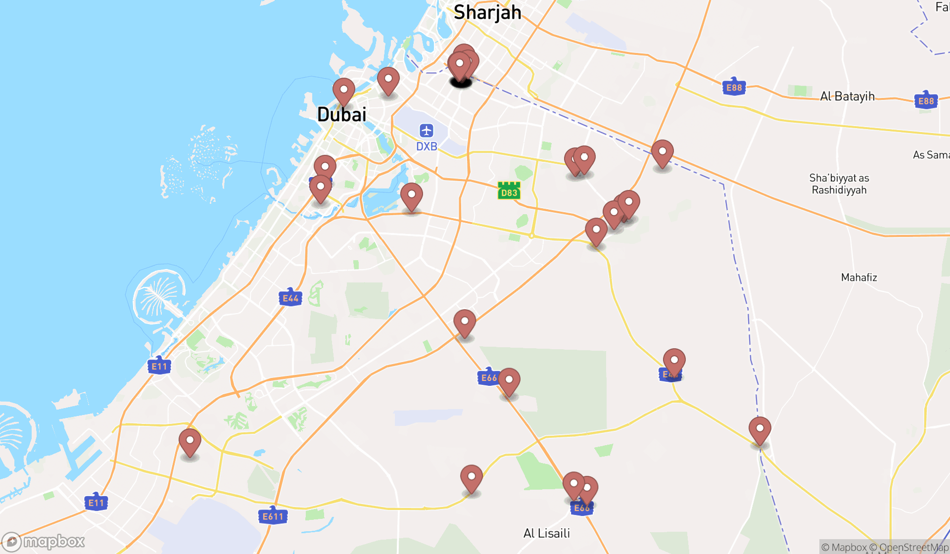 Map showing the search results in Dubai