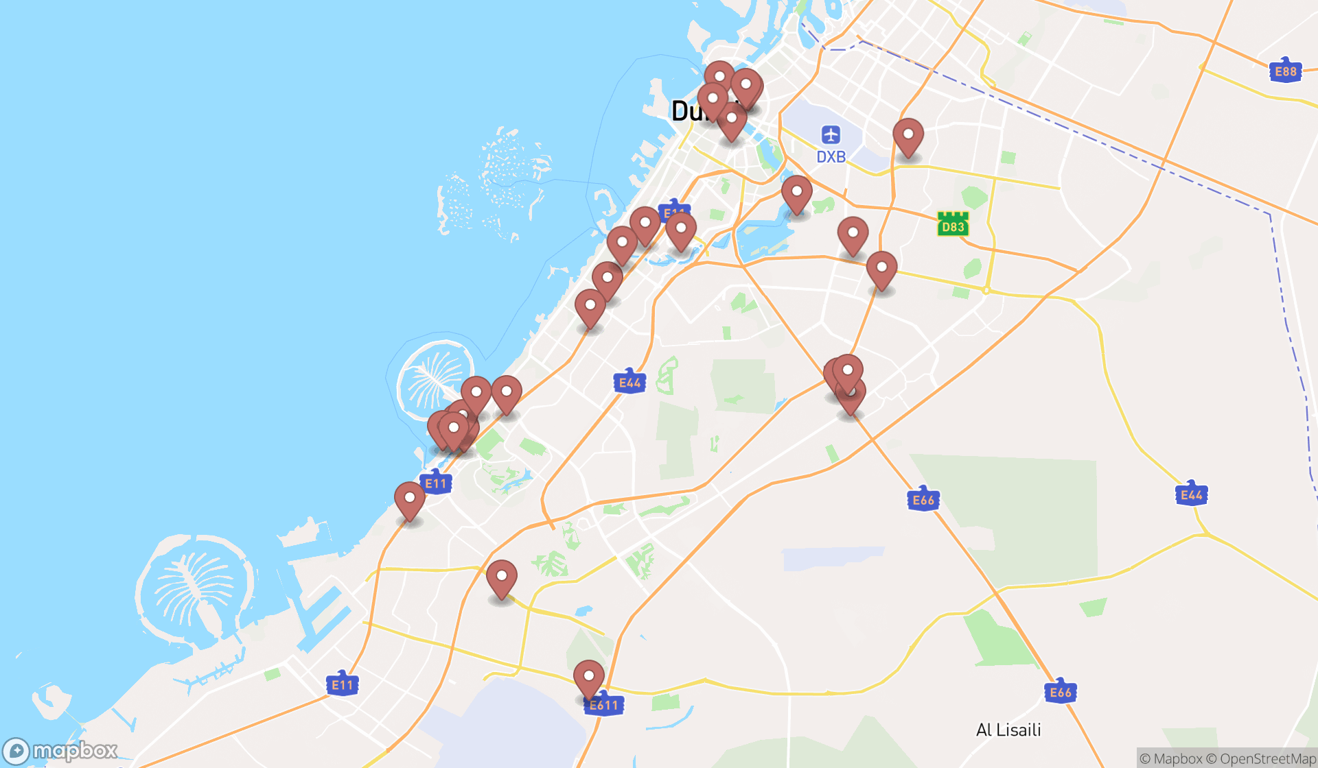 Map showing the search results in Dubai