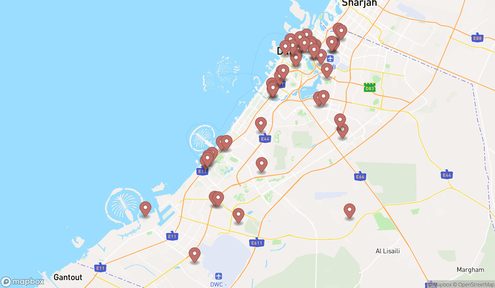 Map showing the search results in Dubai