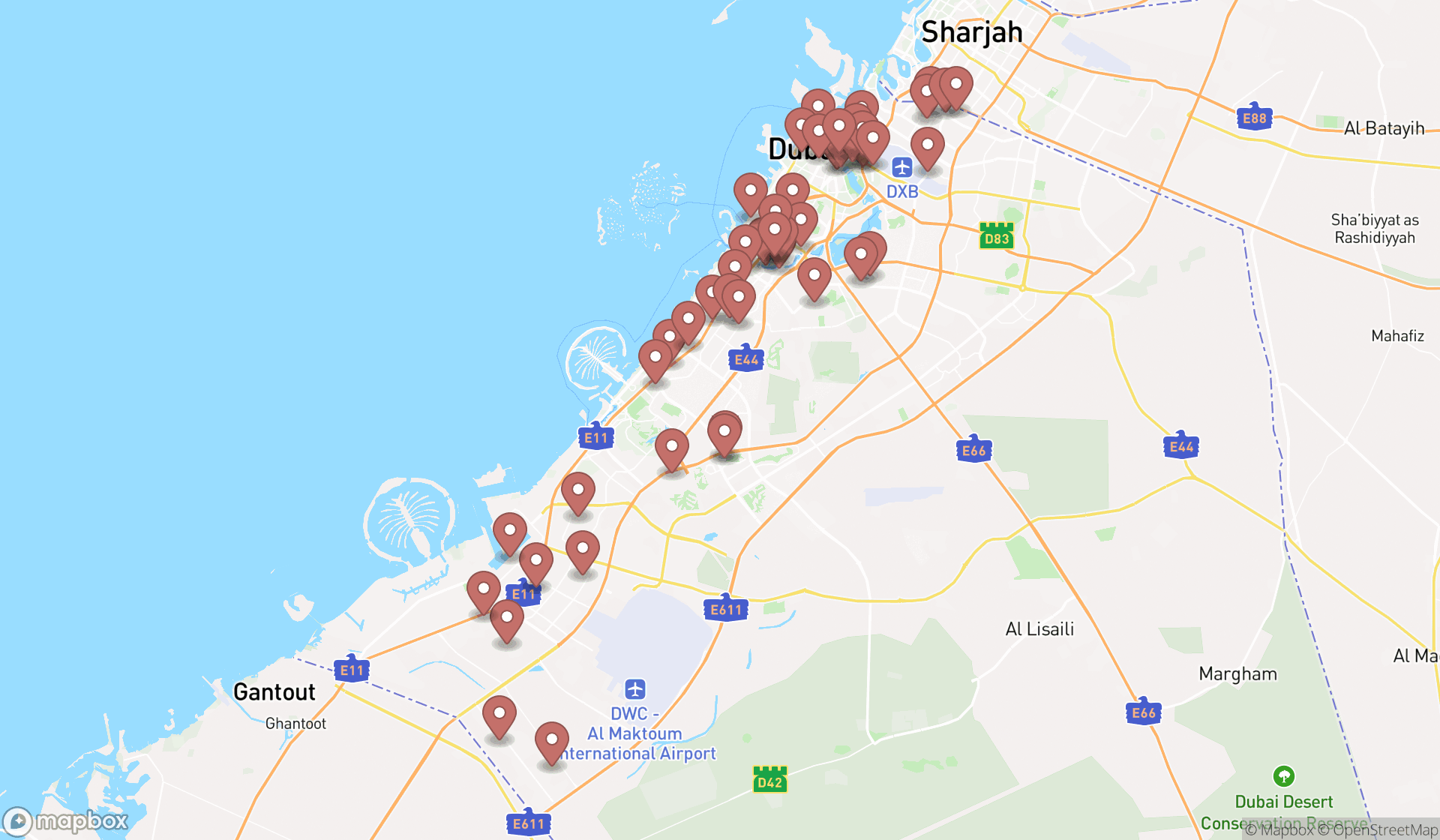 Map showing the search results in Dubai
