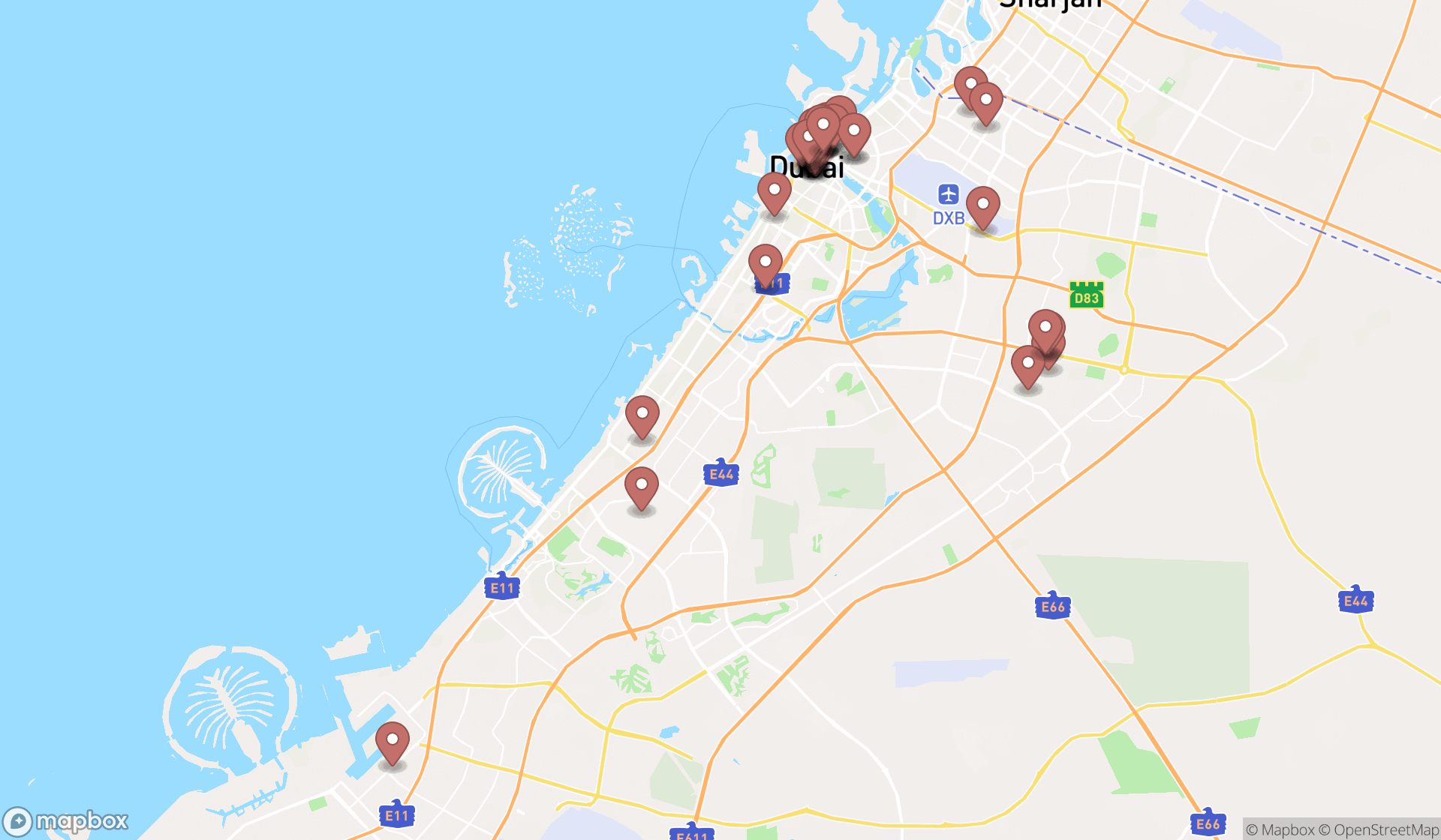 Map showing the search results in Dubai