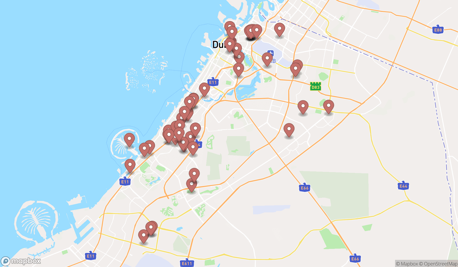Map showing the search results in Dubai