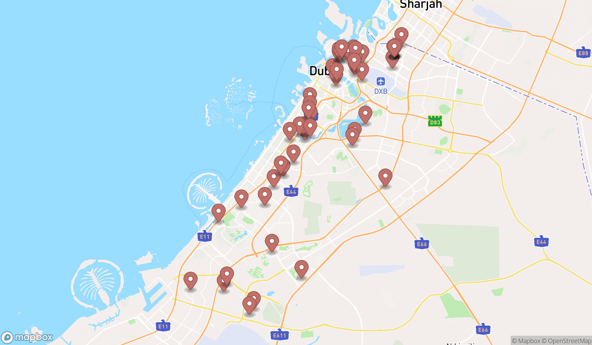 Map showing the search results in Dubai