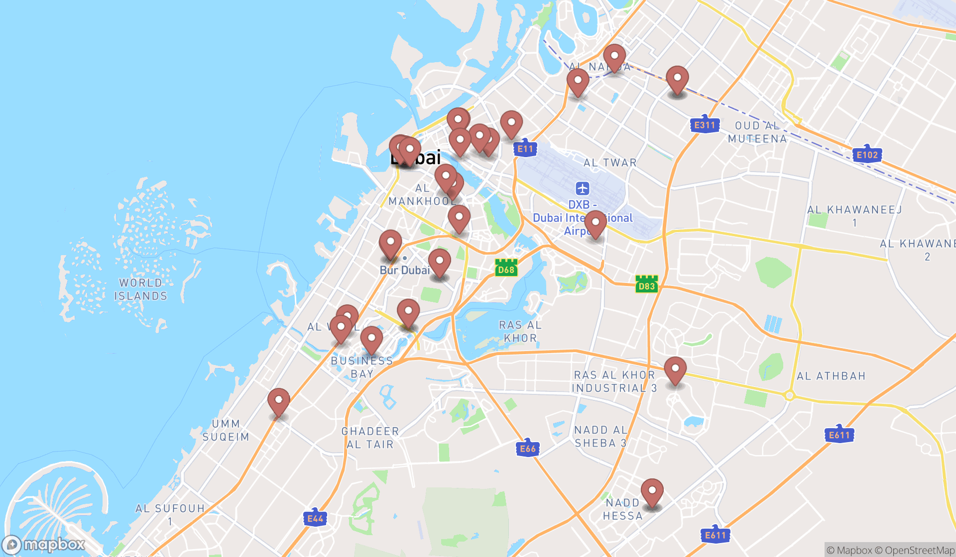 Map showing the search results in Dubai