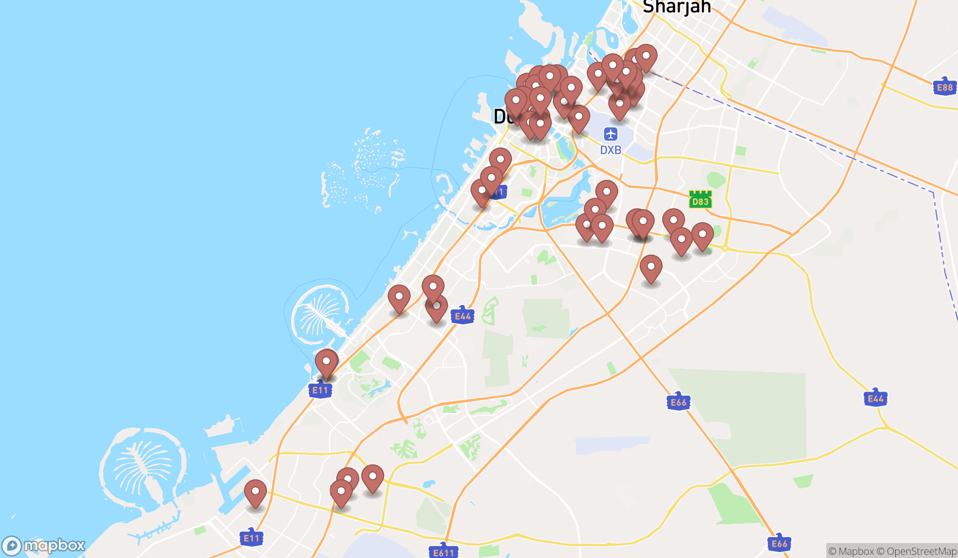 Map showing the search results in Dubai
