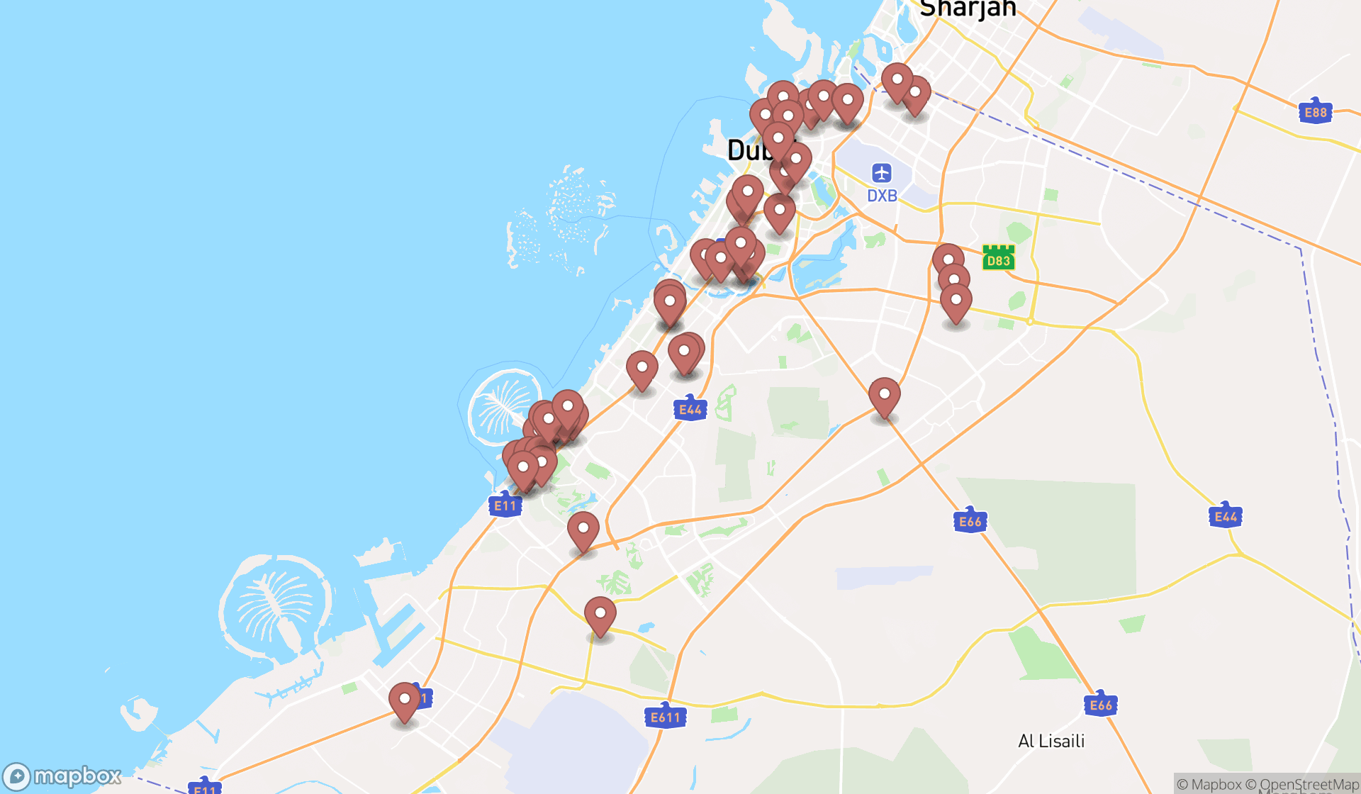 Map showing the search results in Dubai