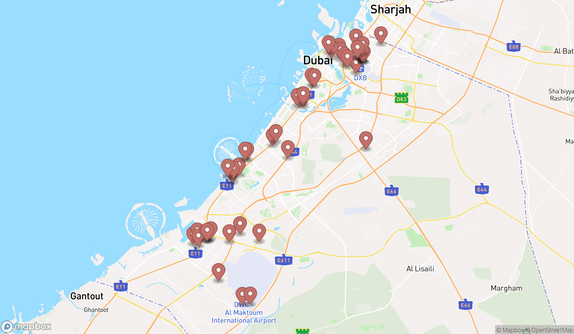 Map showing the search results in Dubai