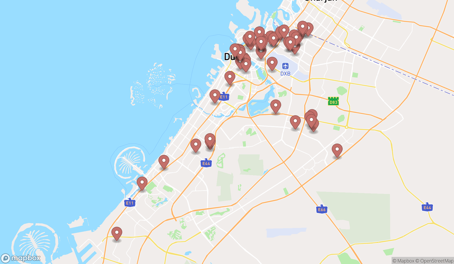Map showing the search results in Dubai