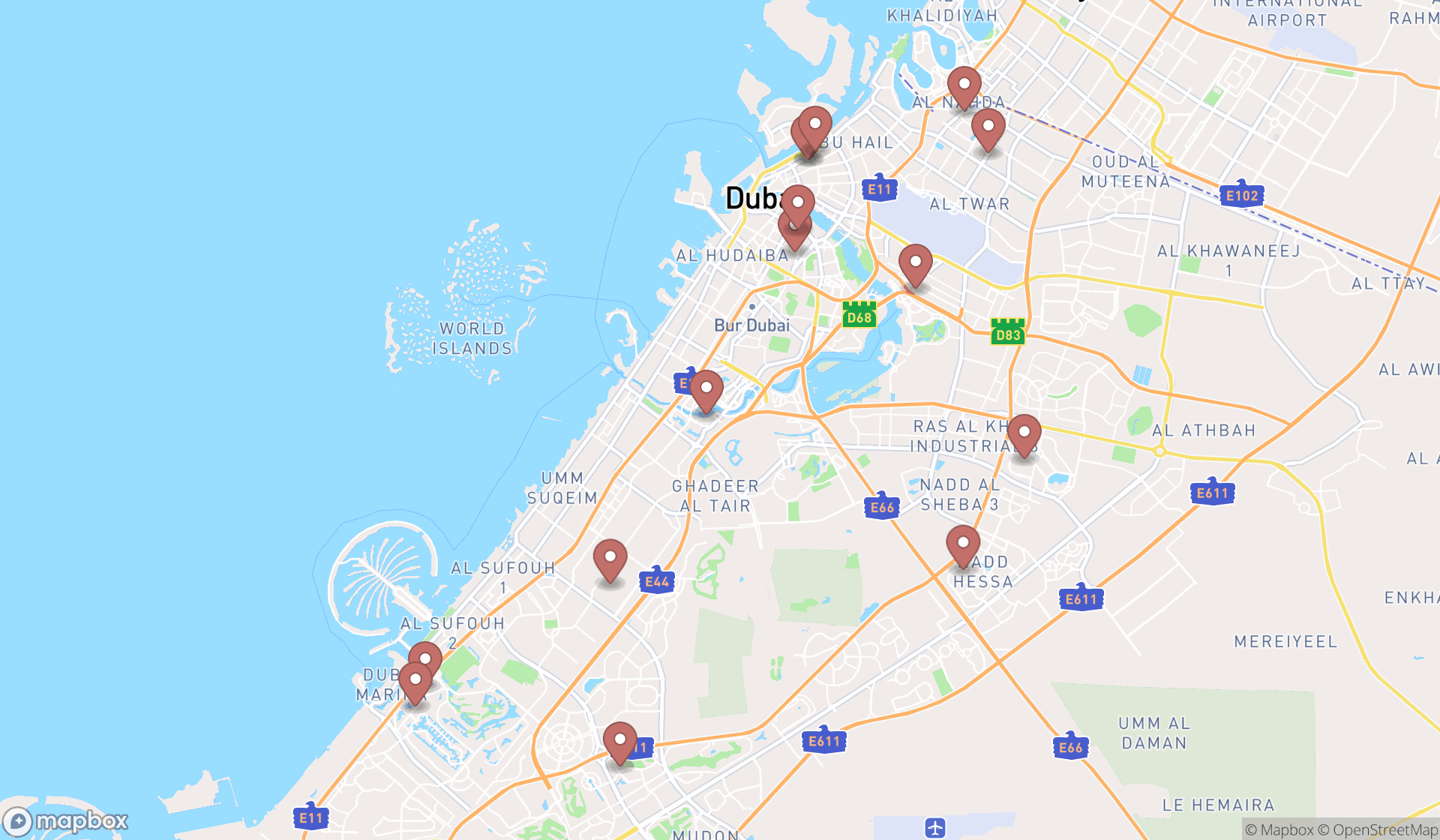 Map showing the search results in Dubai