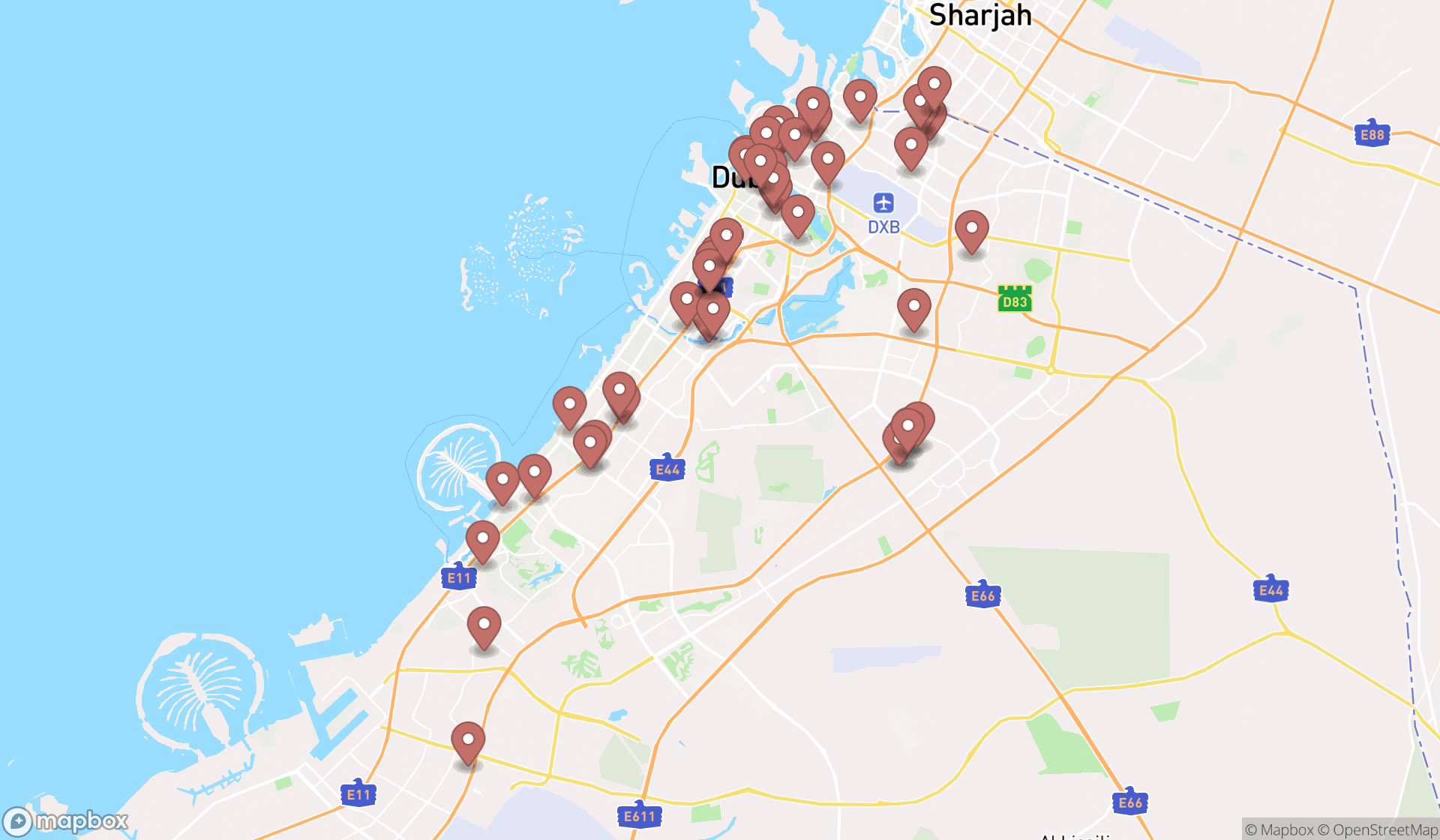 Map showing the search results in Dubai