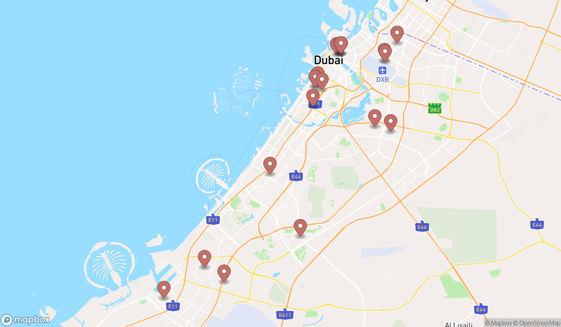 Map showing the search results in Dubai