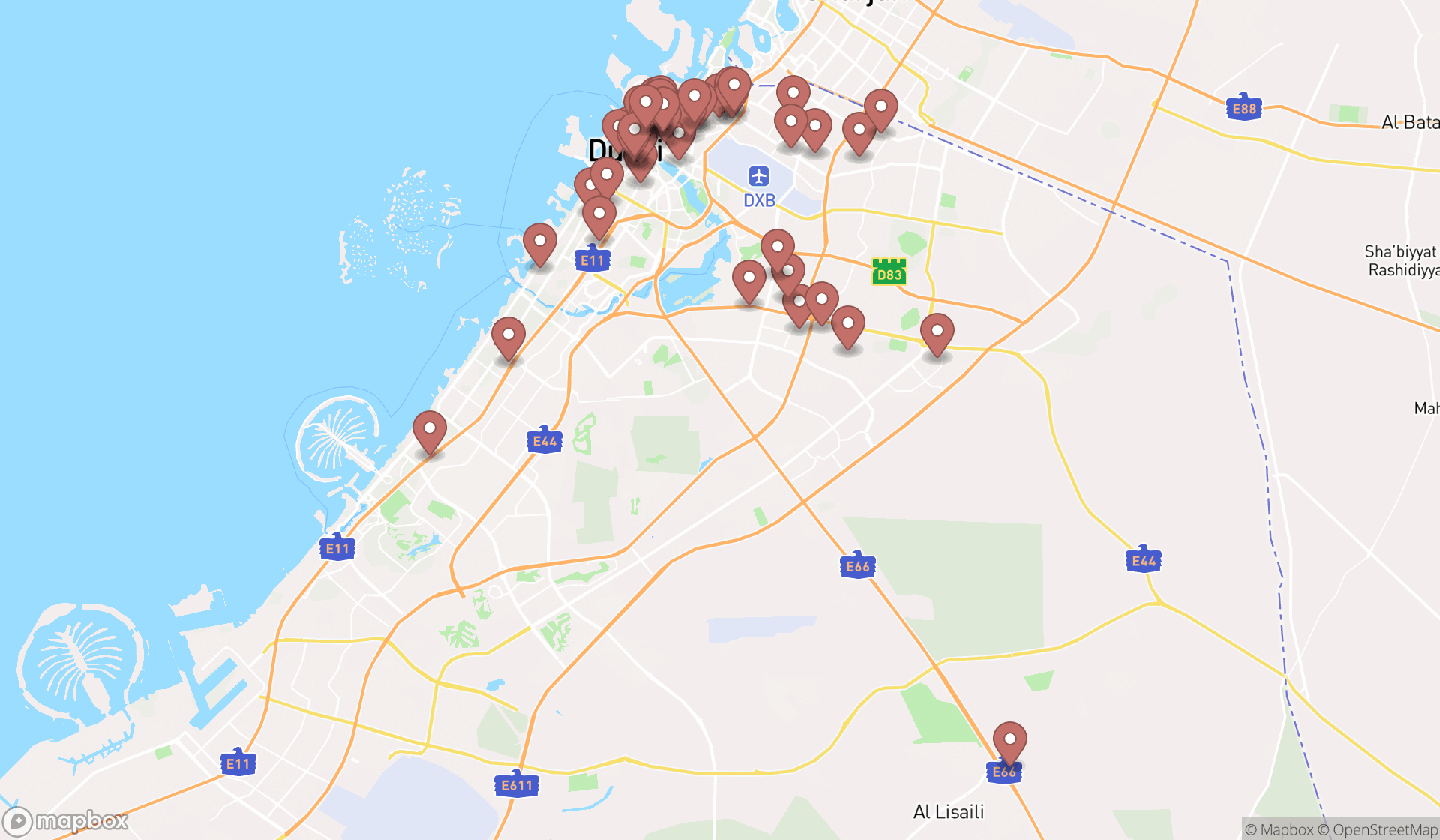 Map showing the search results in Dubai
