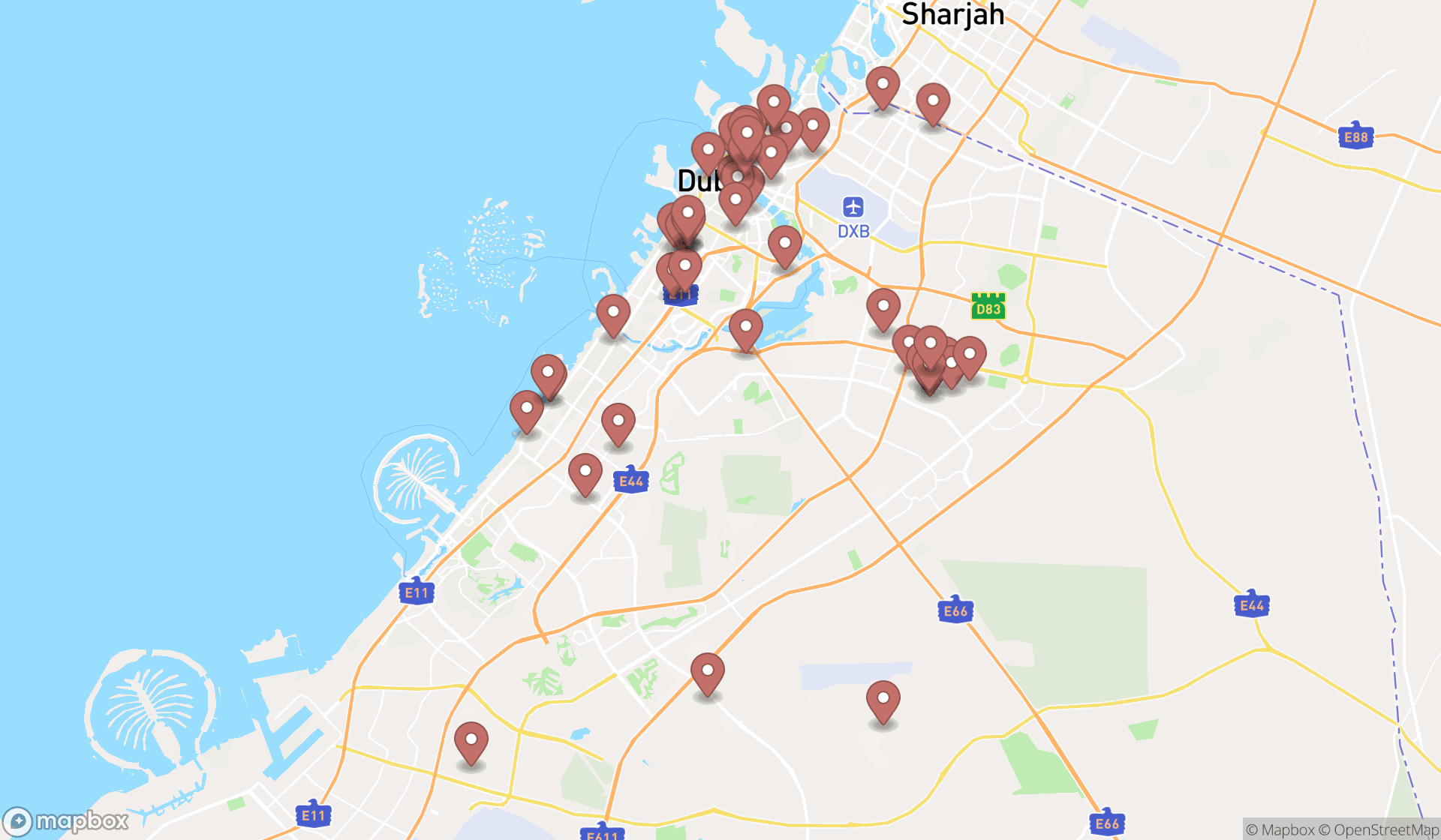 Map showing the search results in Dubai