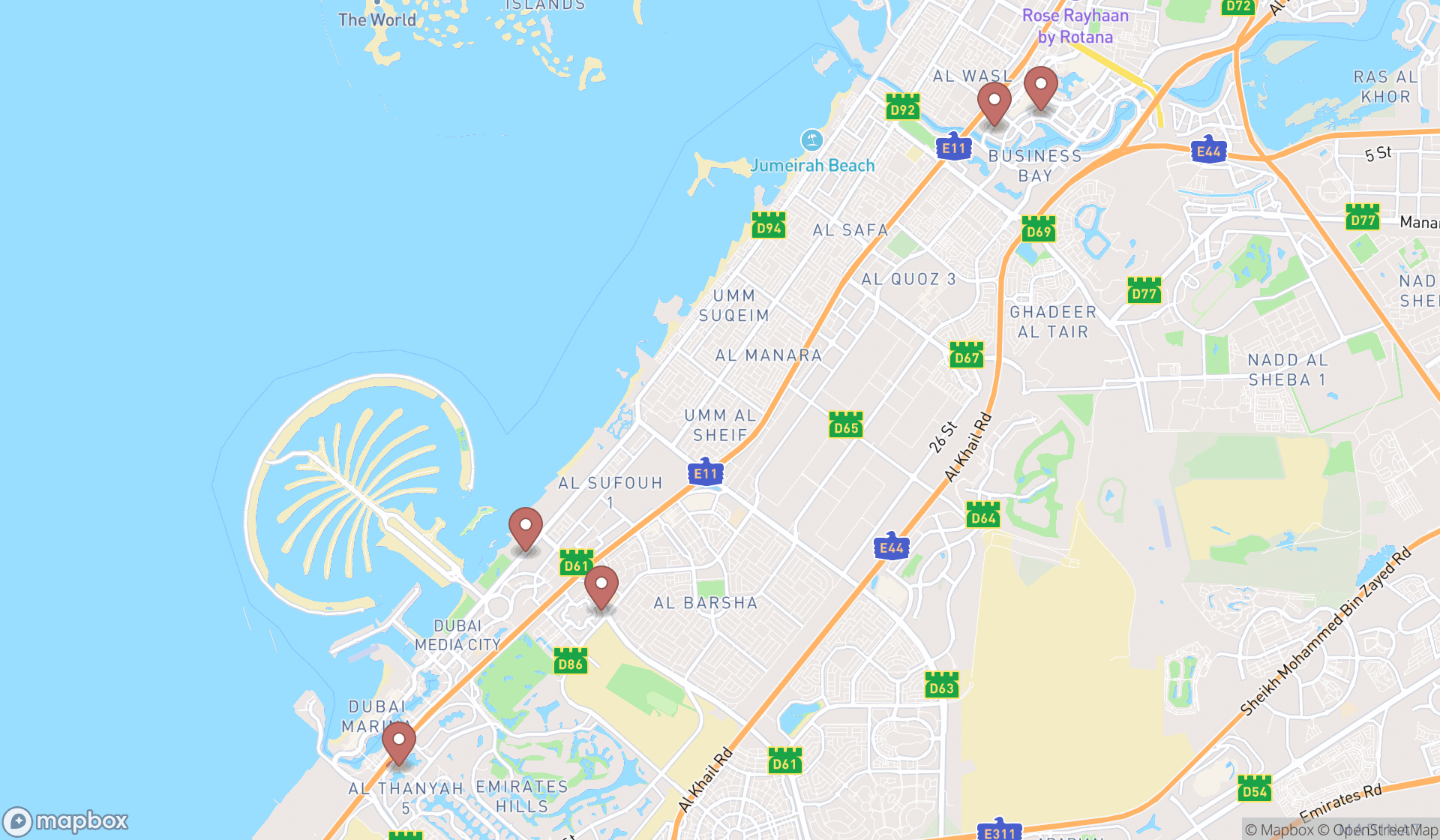 Map showing the search results in Dubai
