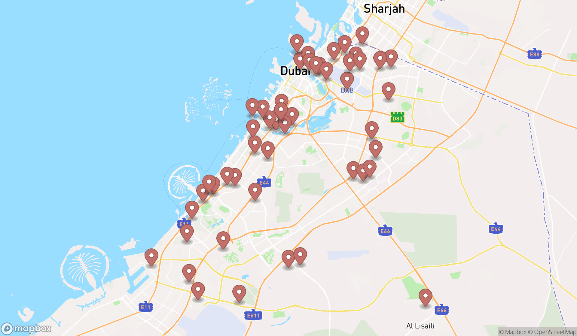 Map showing the search results in Dubai