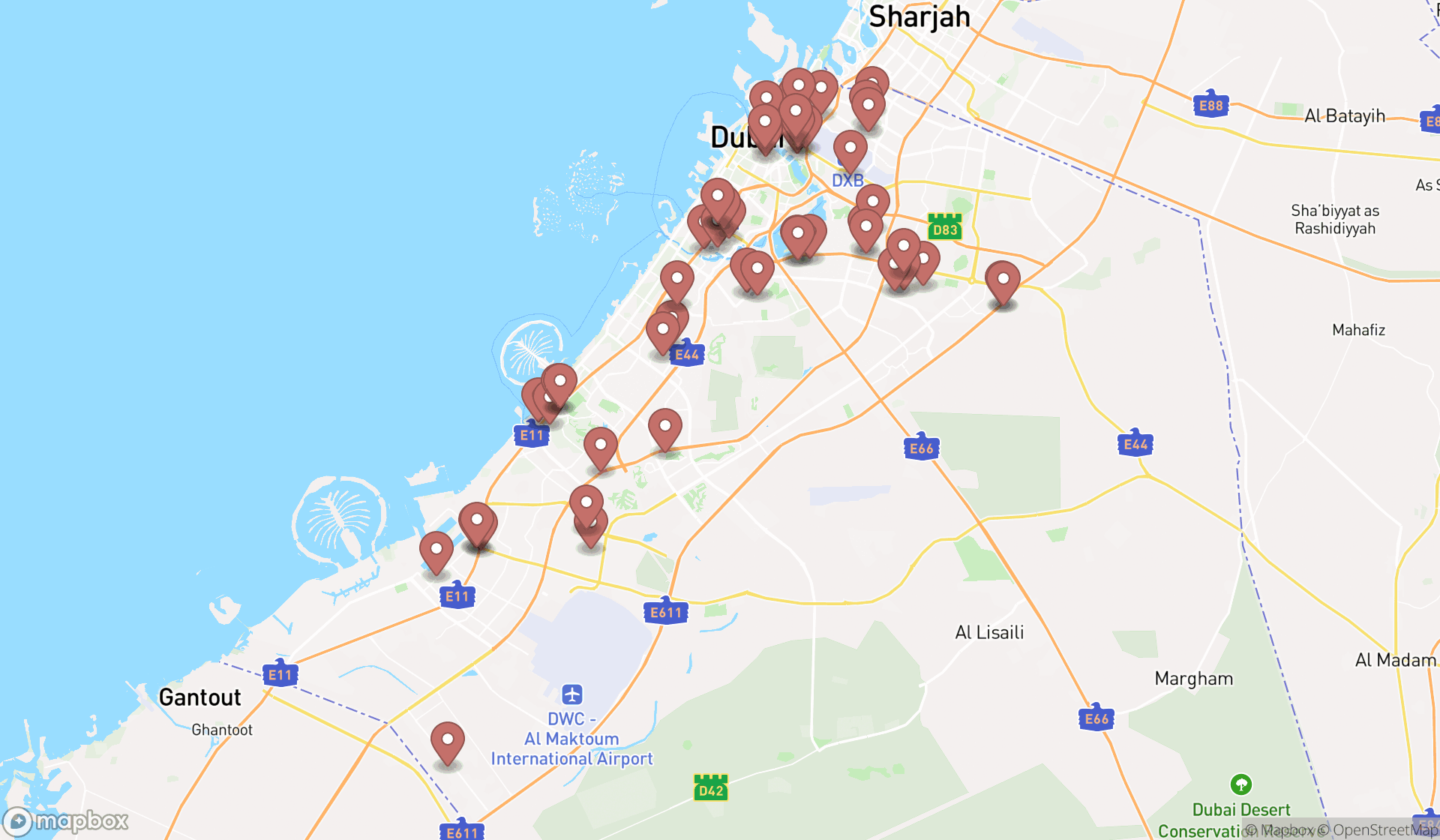 Map showing the search results in Dubai