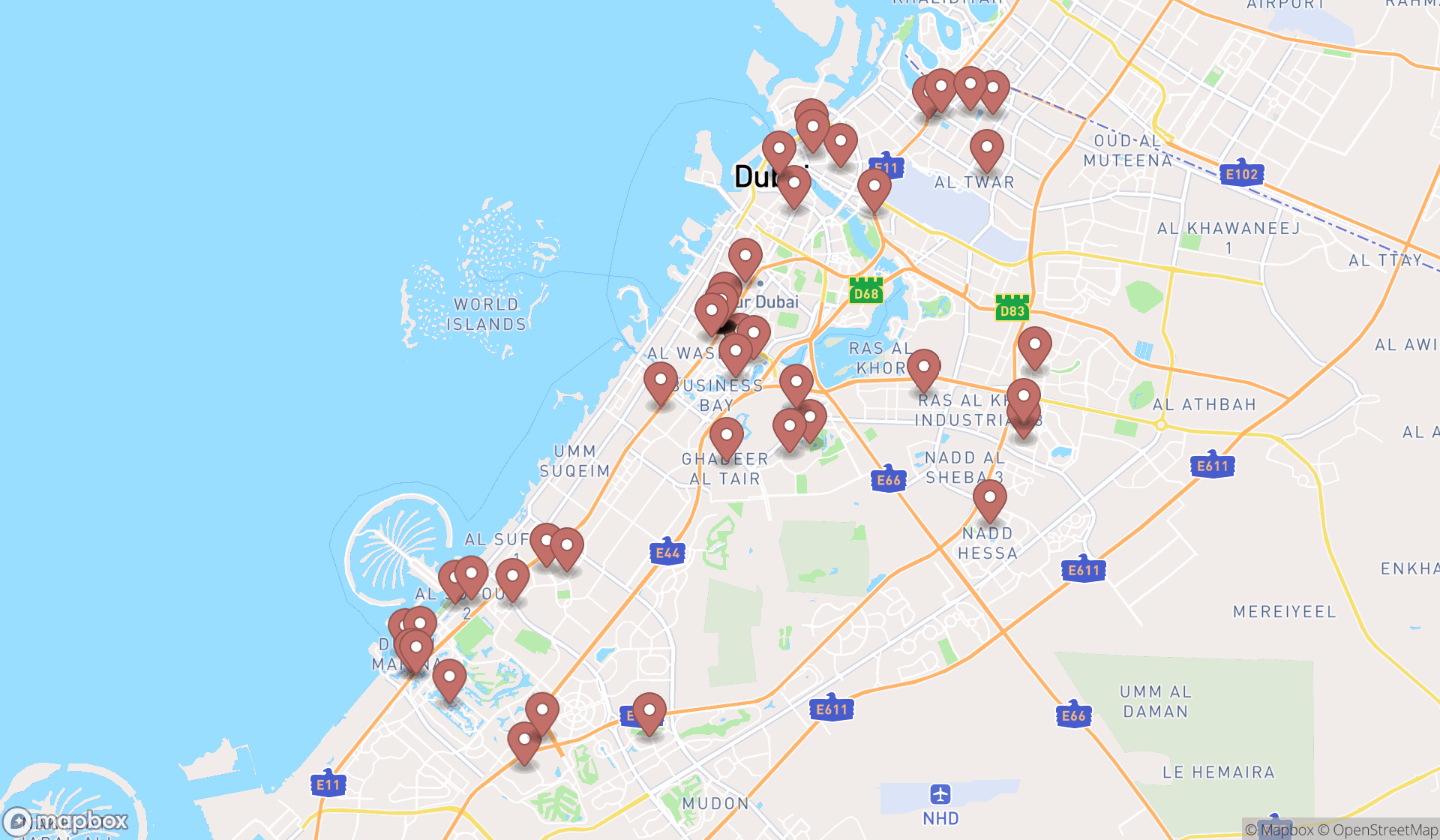 Map showing the search results in Dubai