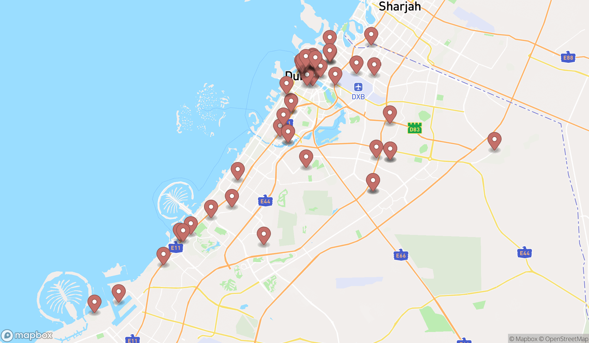 Map showing the search results in Dubai