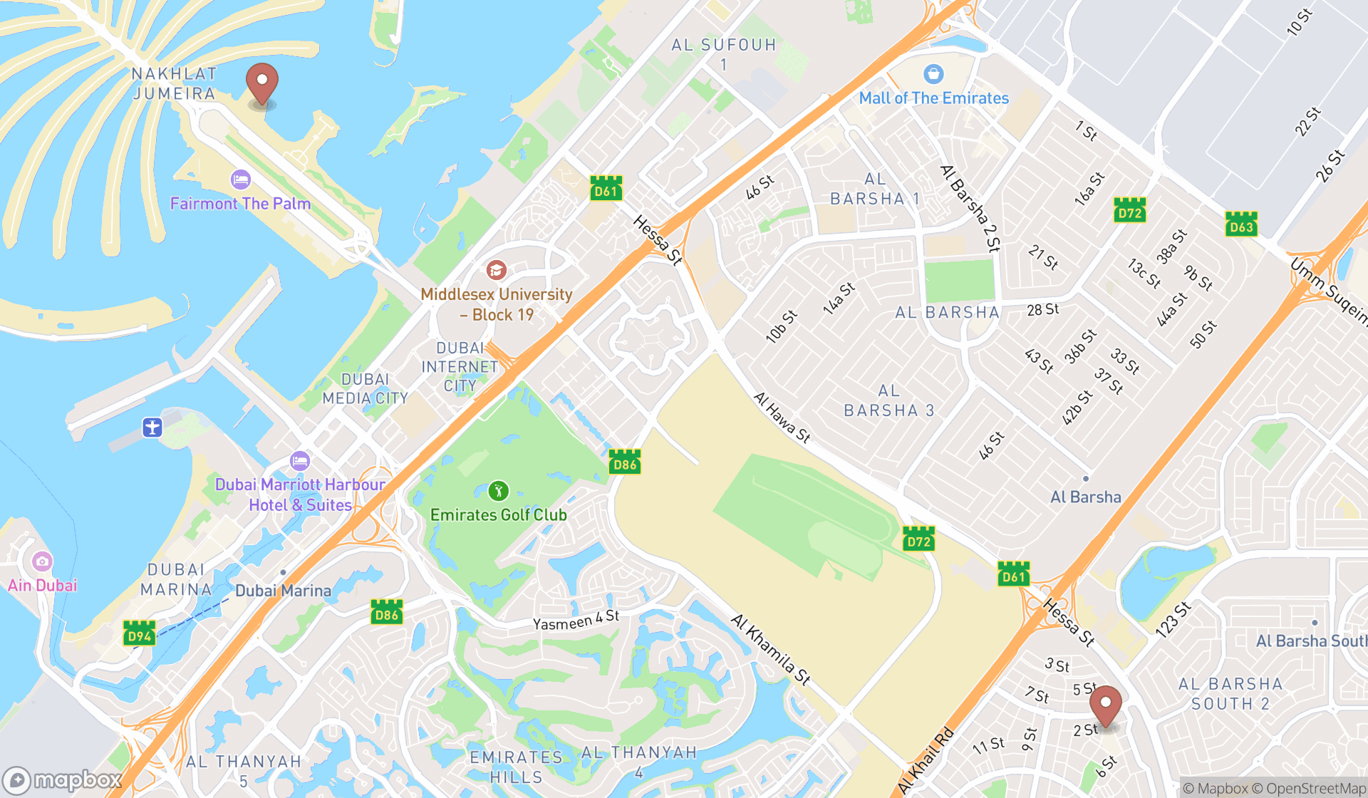 Map showing the search results in Dubai
