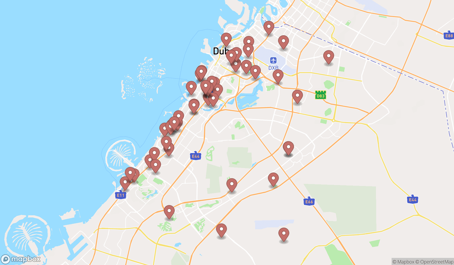 Map showing the search results in Dubai