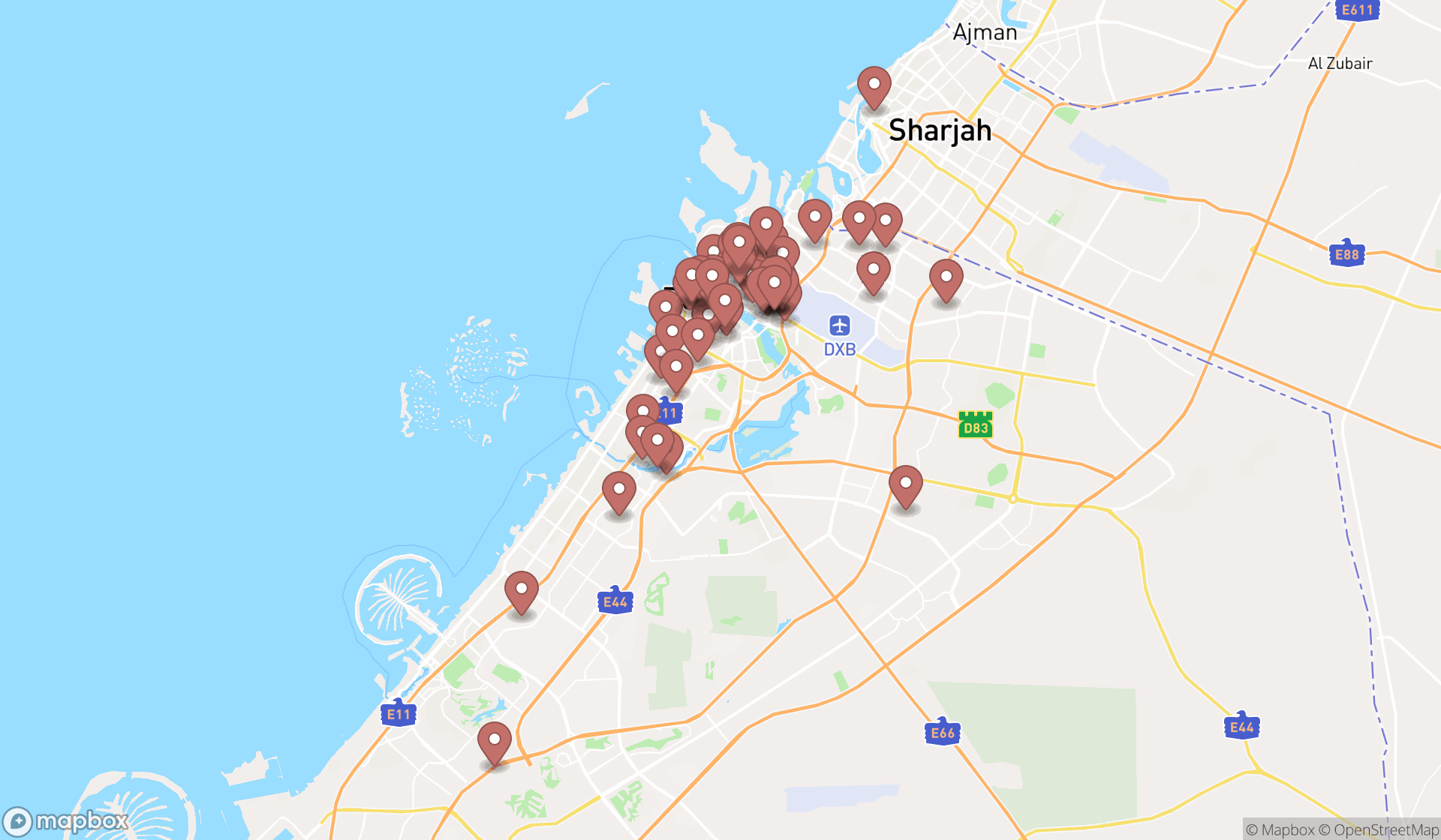 Map showing the search results in Dubai