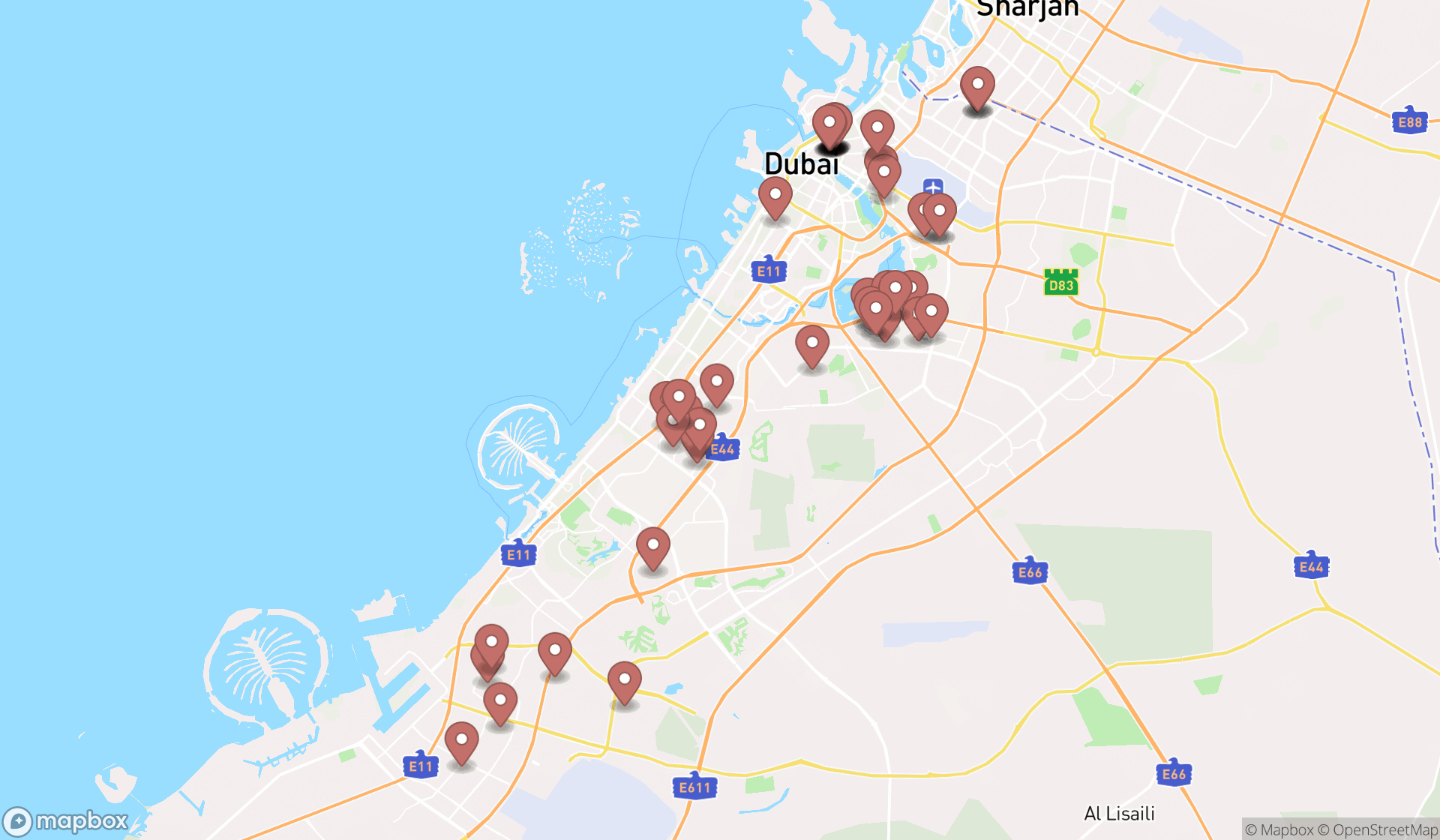 Map showing the search results in Dubai