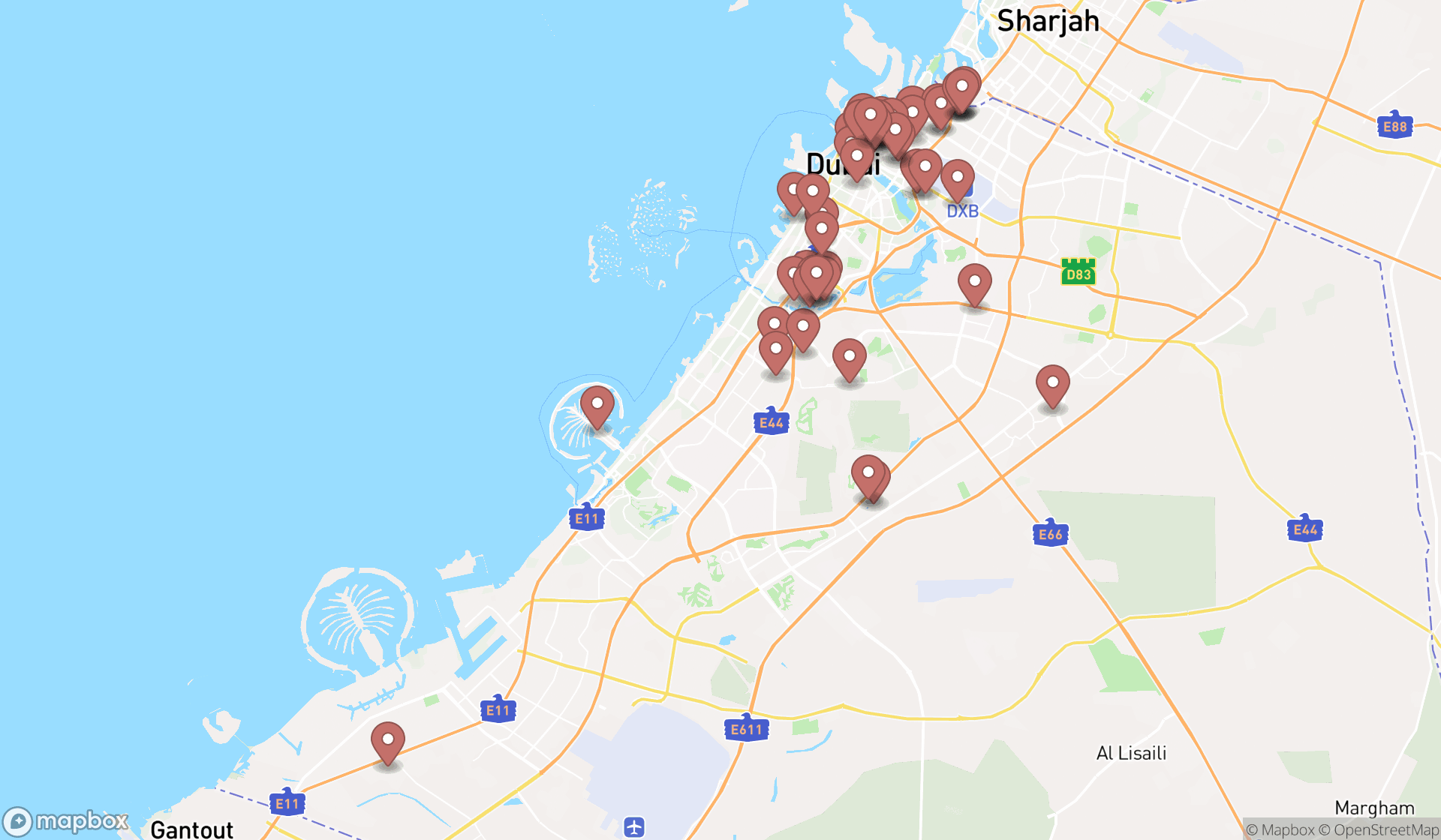 Map showing the search results in Dubai