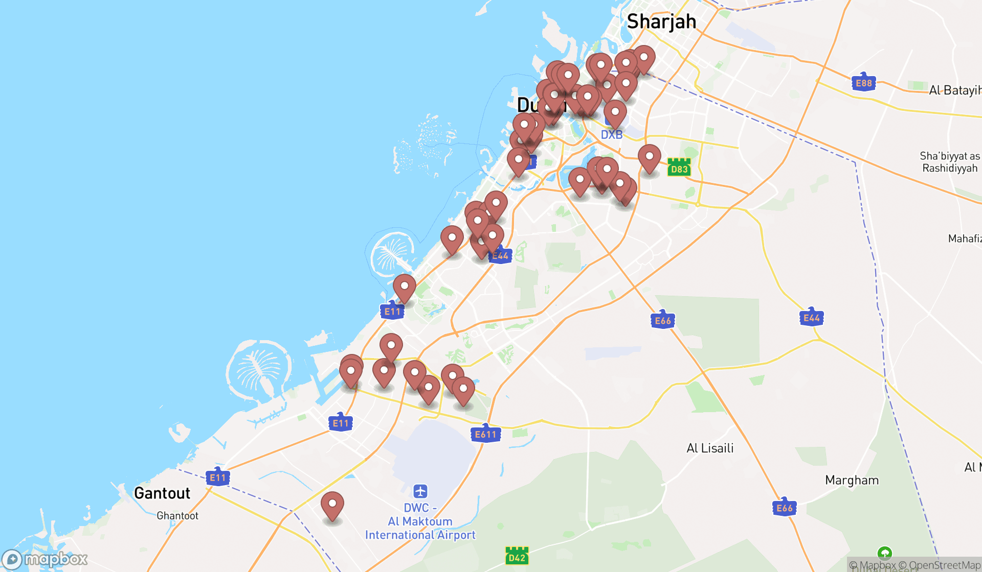 Map showing the search results in Dubai