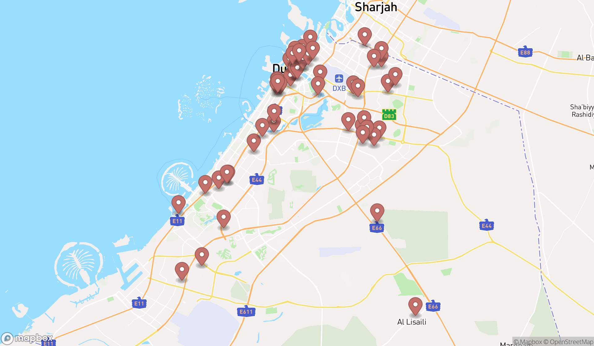Map showing the search results in Dubai