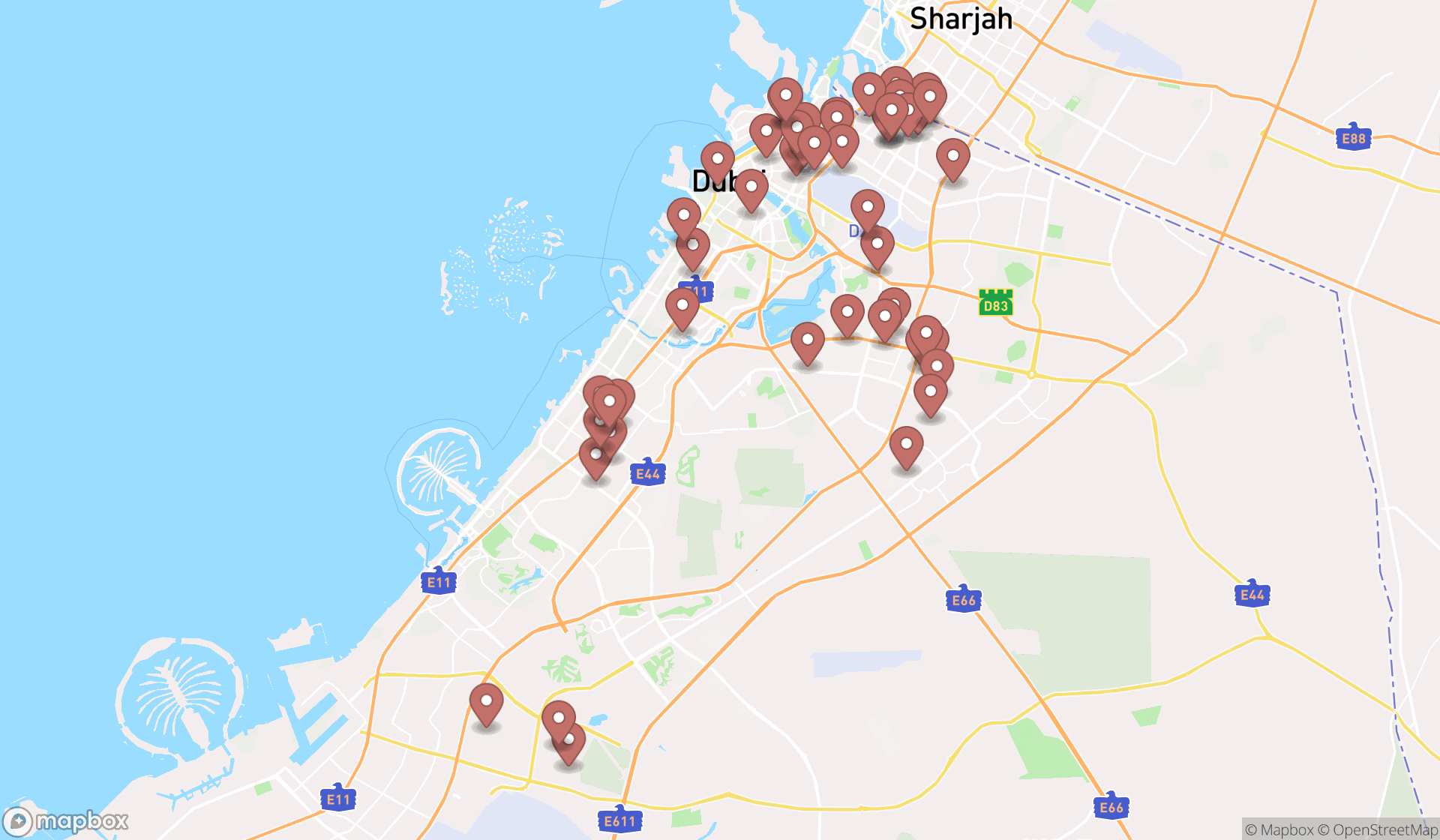 Map showing the search results in Dubai