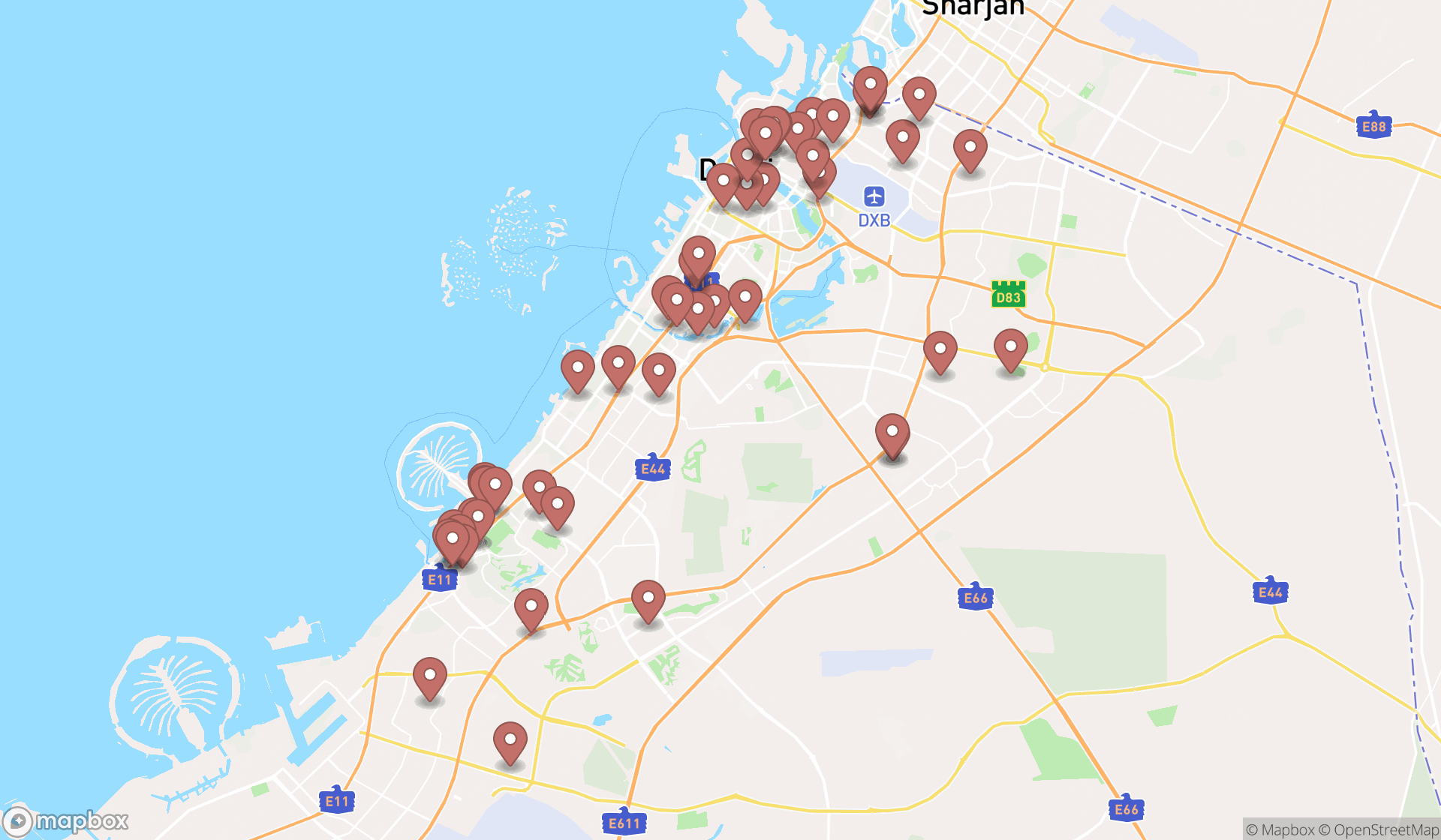 Map showing the search results in Dubai