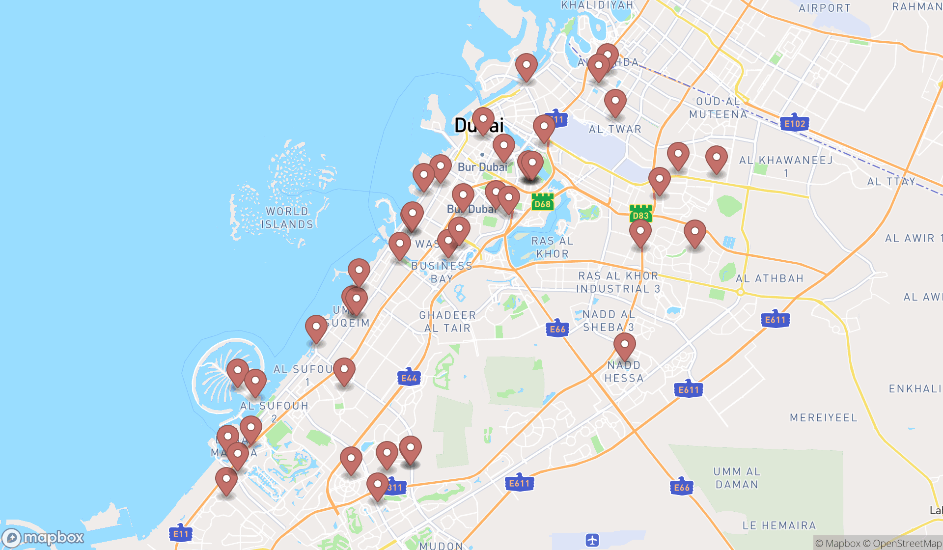 Map showing the search results in Dubai