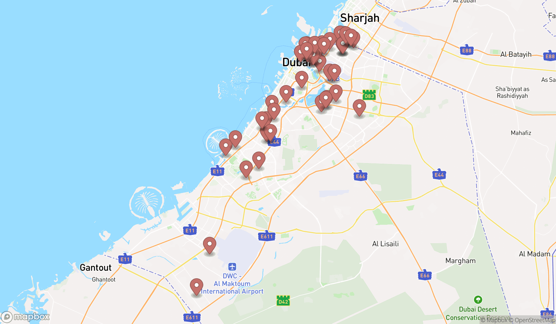 Map showing the search results in Dubai